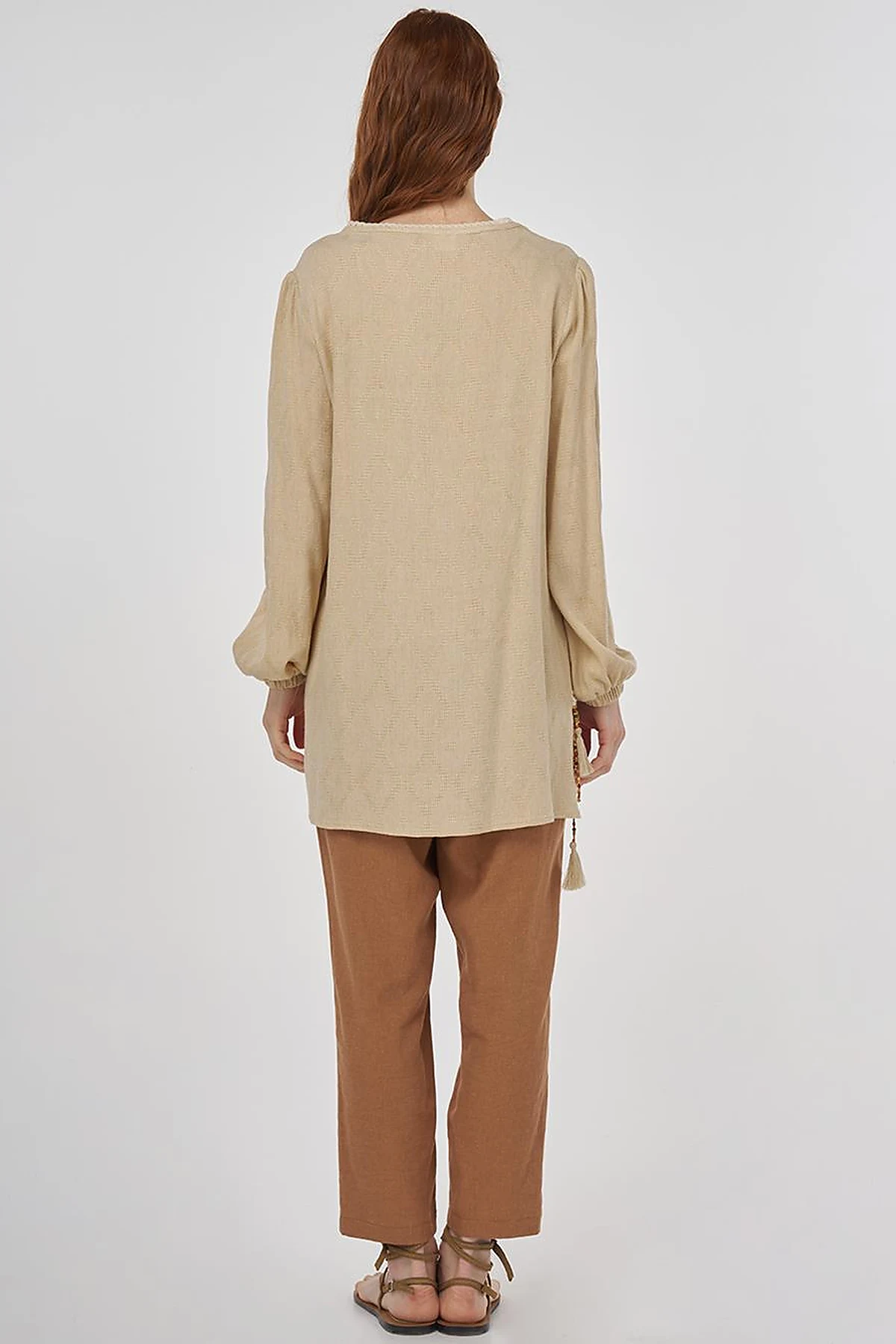 Tassel Detailed Viscose Linen Blouse - Beige