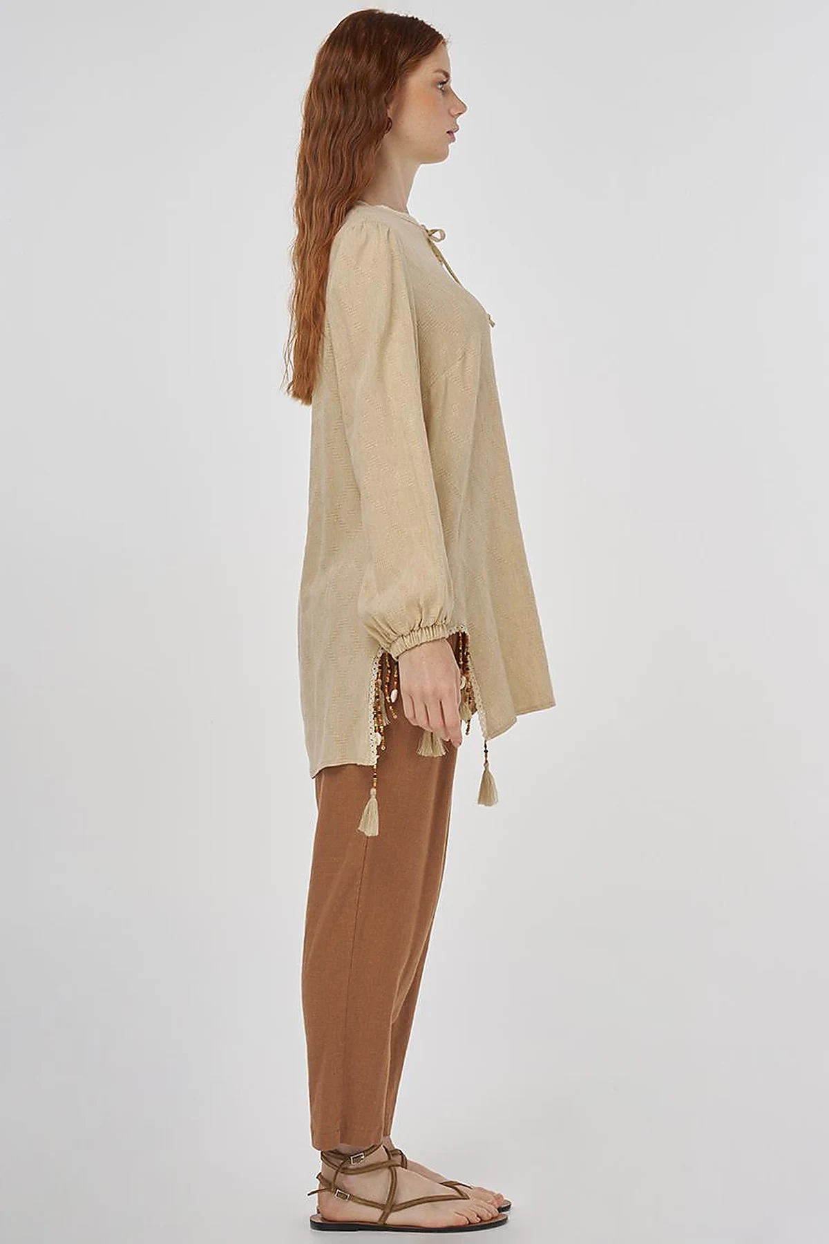Tassel Detailed Viscose Linen Blouse - Beige