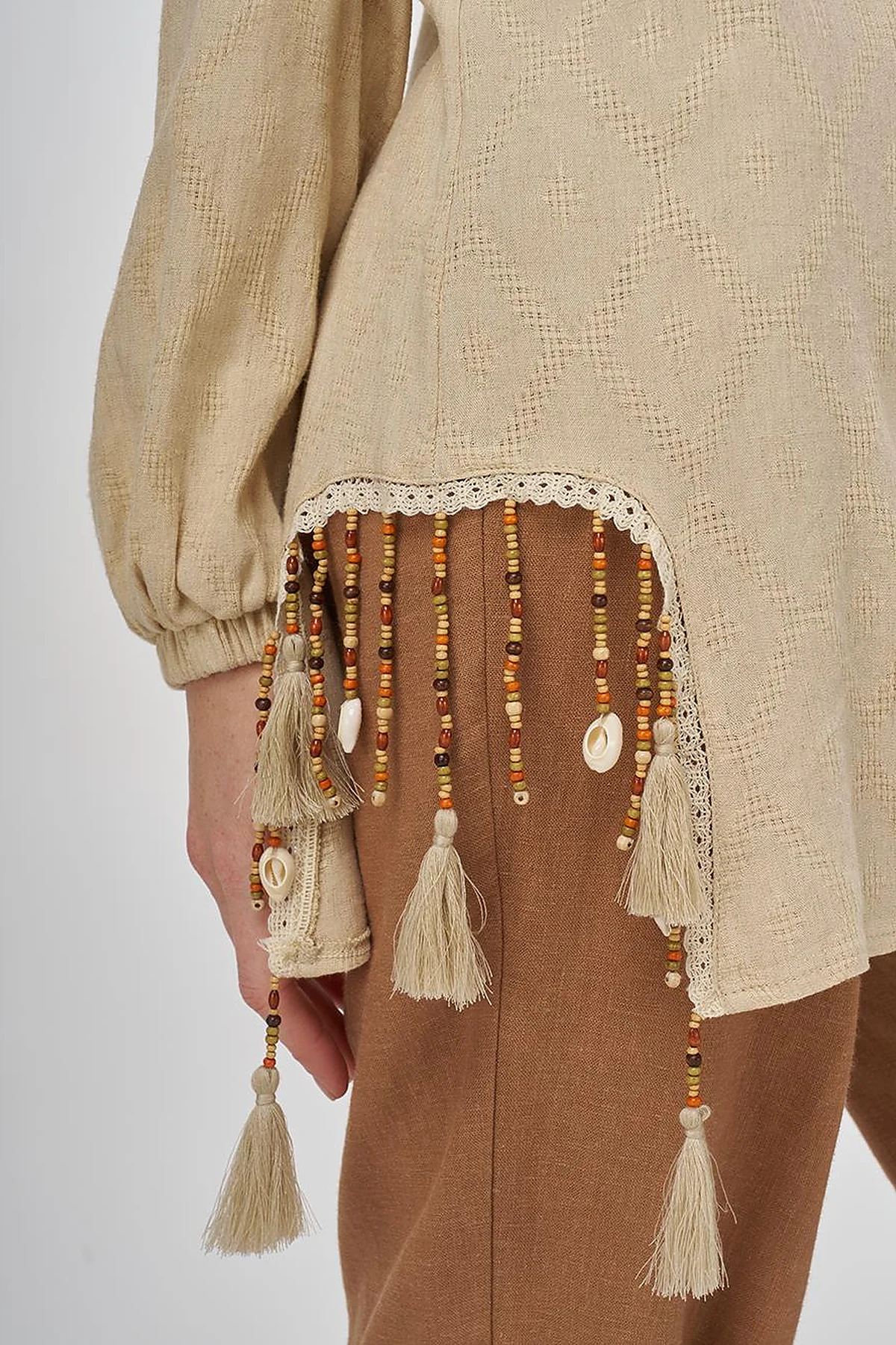 Tassel Detailed Viscose Linen Blouse - Beige