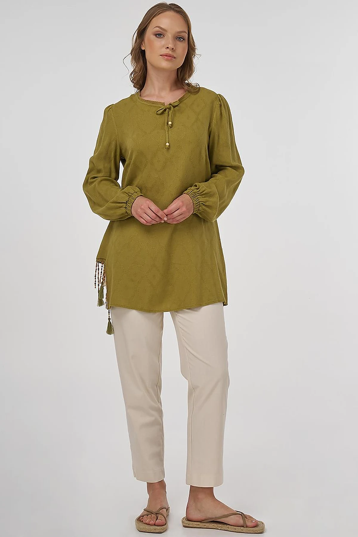 Tassel Detailed Viscose Linen Blouse - Khaki