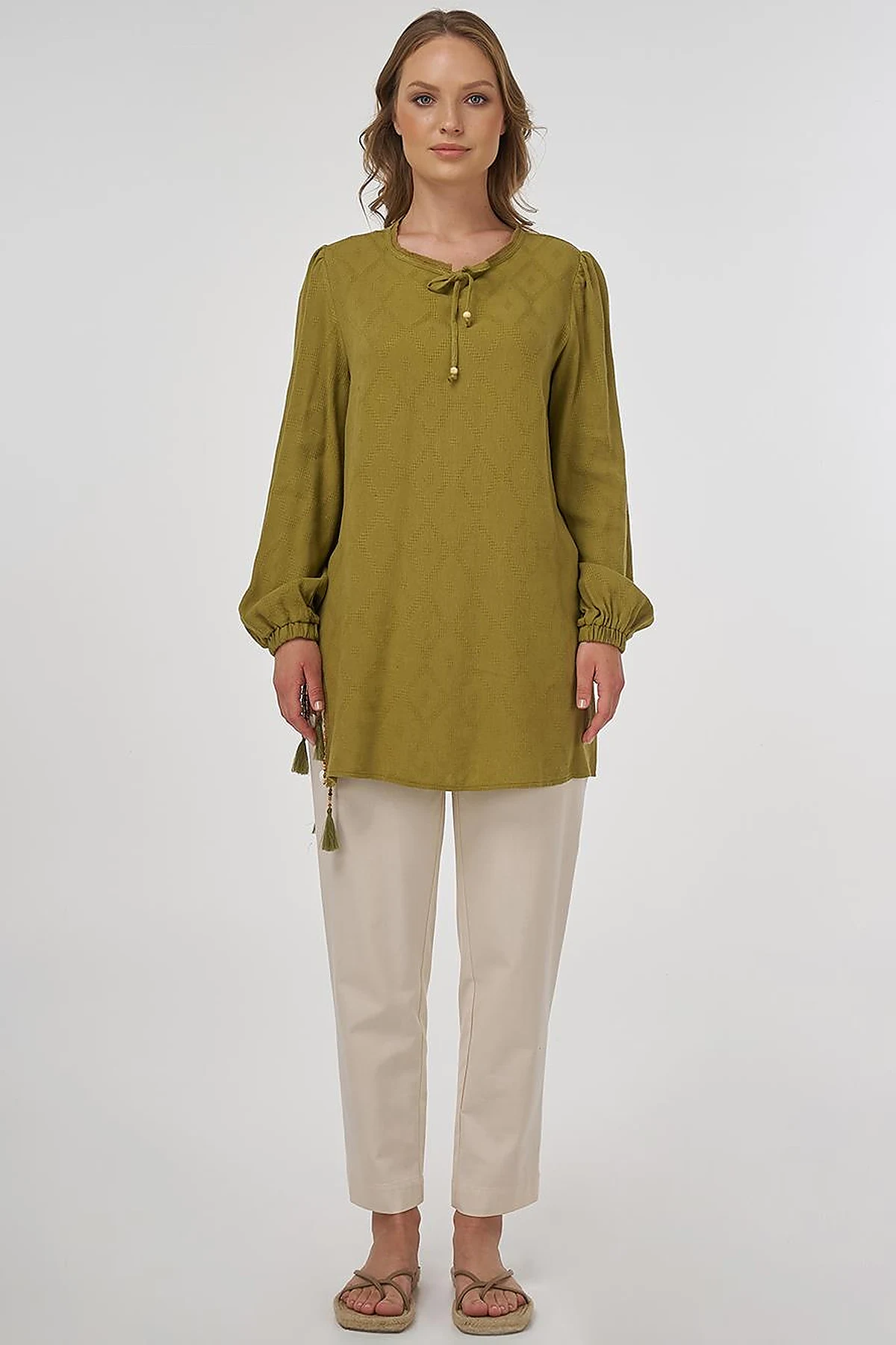Tassel Detailed Viscose Linen Blouse - Khaki