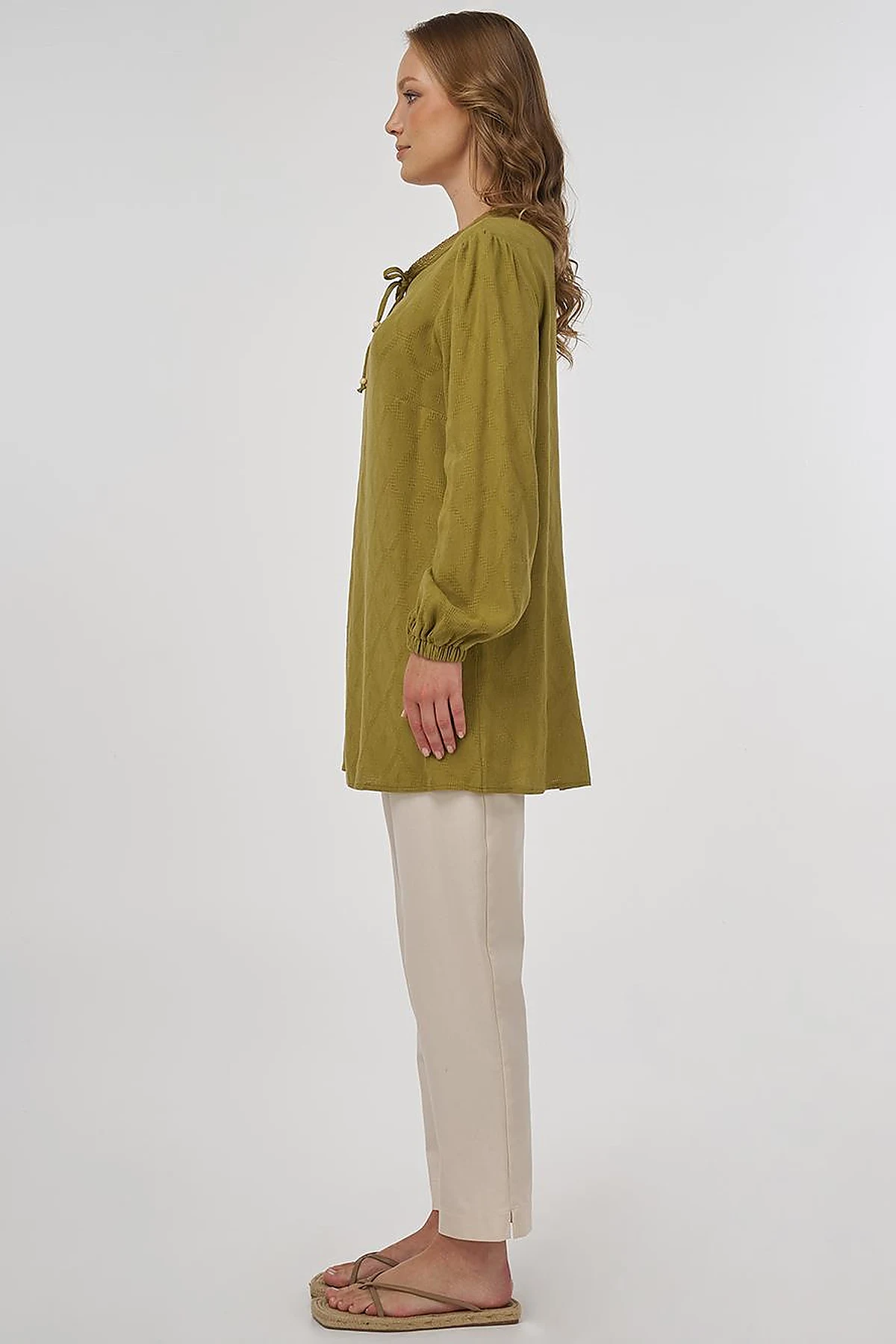 Tassel Detailed Viscose Linen Blouse - Khaki