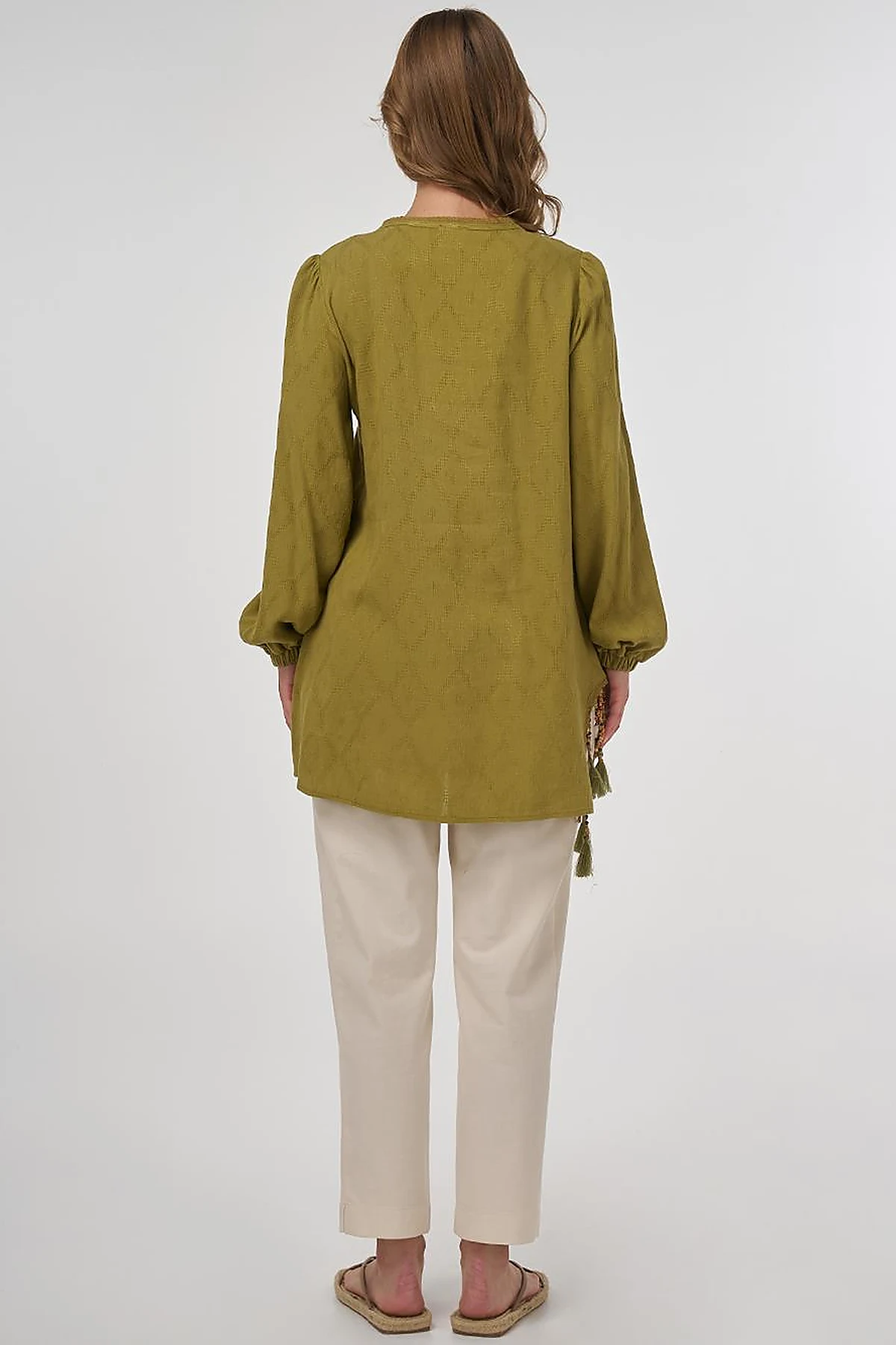 Tassel Detailed Viscose Linen Blouse - Khaki