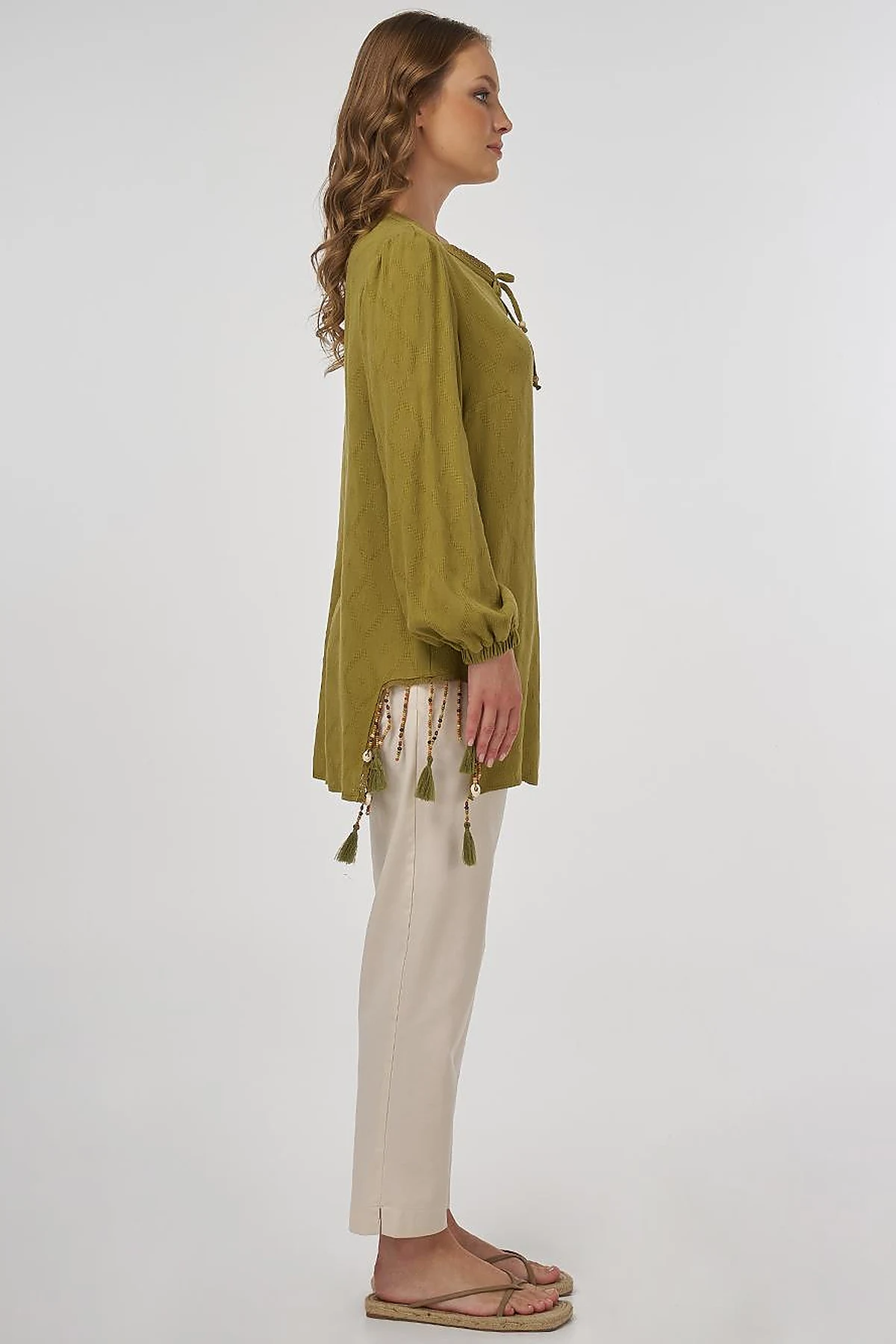 Tassel Detailed Viscose Linen Blouse - Khaki