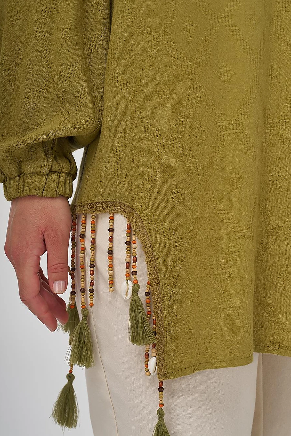 Tassel Detailed Viscose Linen Blouse - Khaki