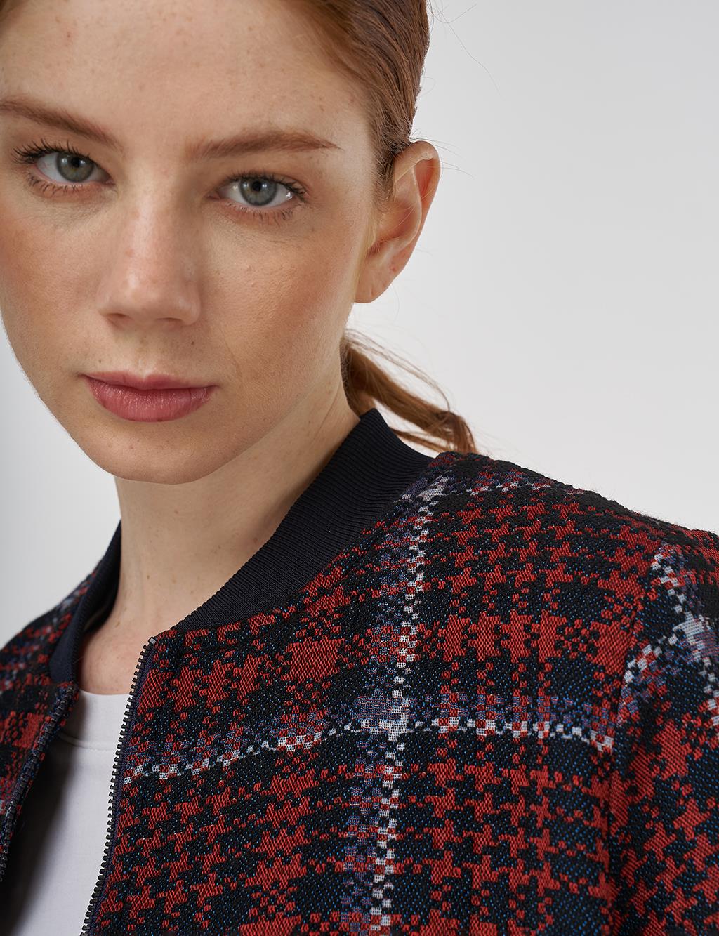 Plaid Patterned Basic Jacket - Dark Navy