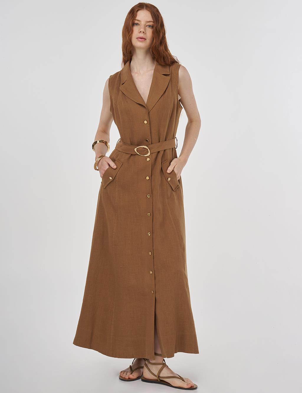 100% Linen Dress Dark Oliv