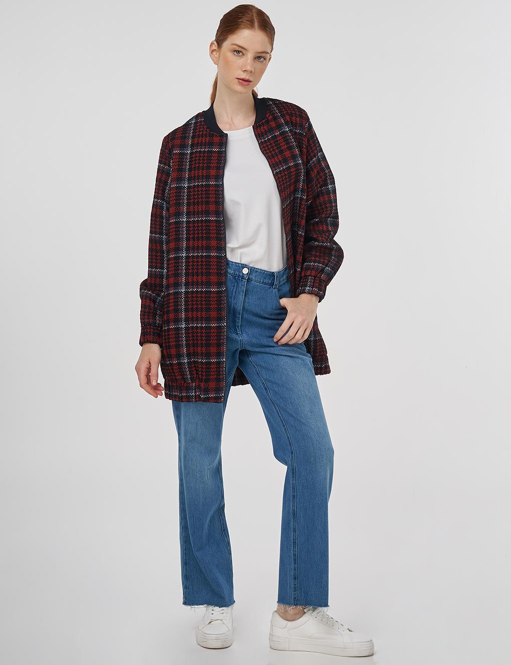 Plaid Patterned Basic Jacket - Dark Navy
