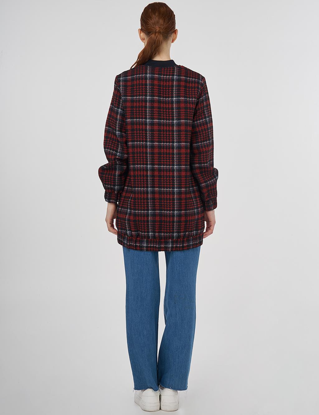 Plaid Patterned Basic Jacket - Dark Navy