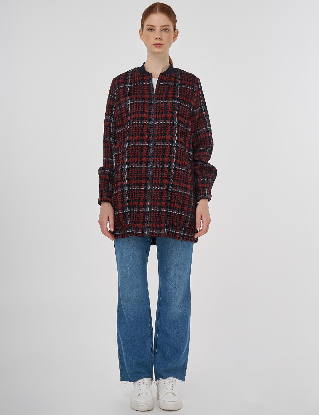 Plaid Patterned Basic Jacket - Dark Navy