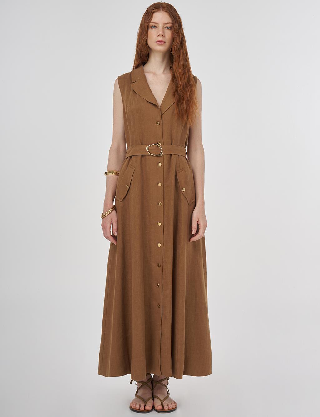 100% Linen Dress Dark Oliv