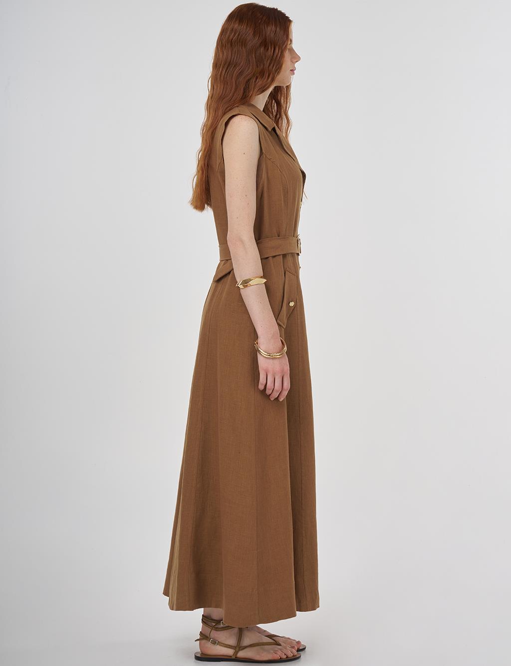 100% Linen Dress Dark Oliv