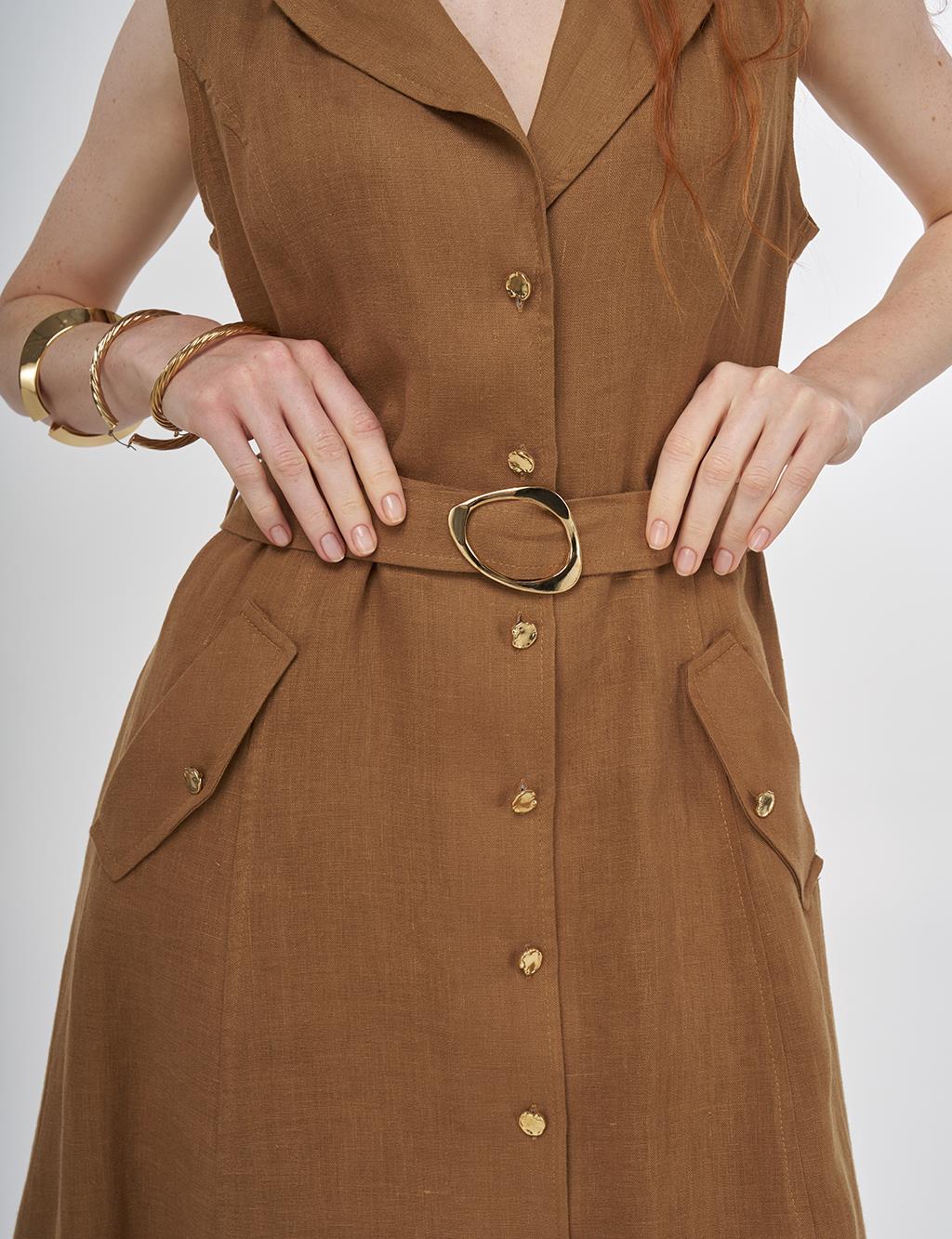 100% Linen Dress Dark Oliv
