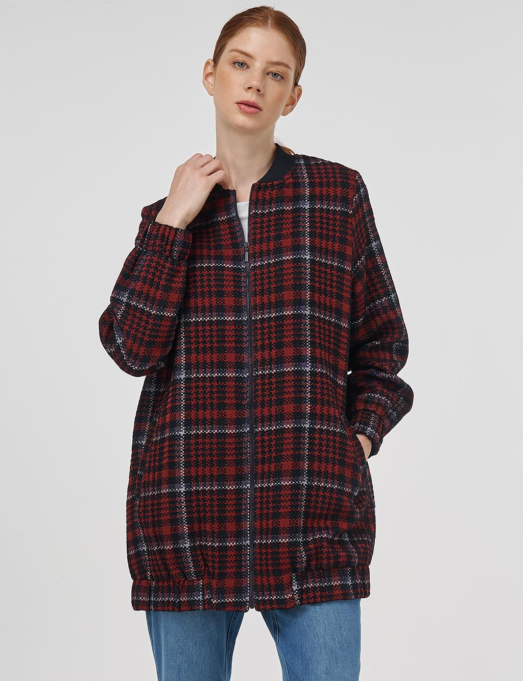 Plaid Patterned Basic Jacket - Dark Navy