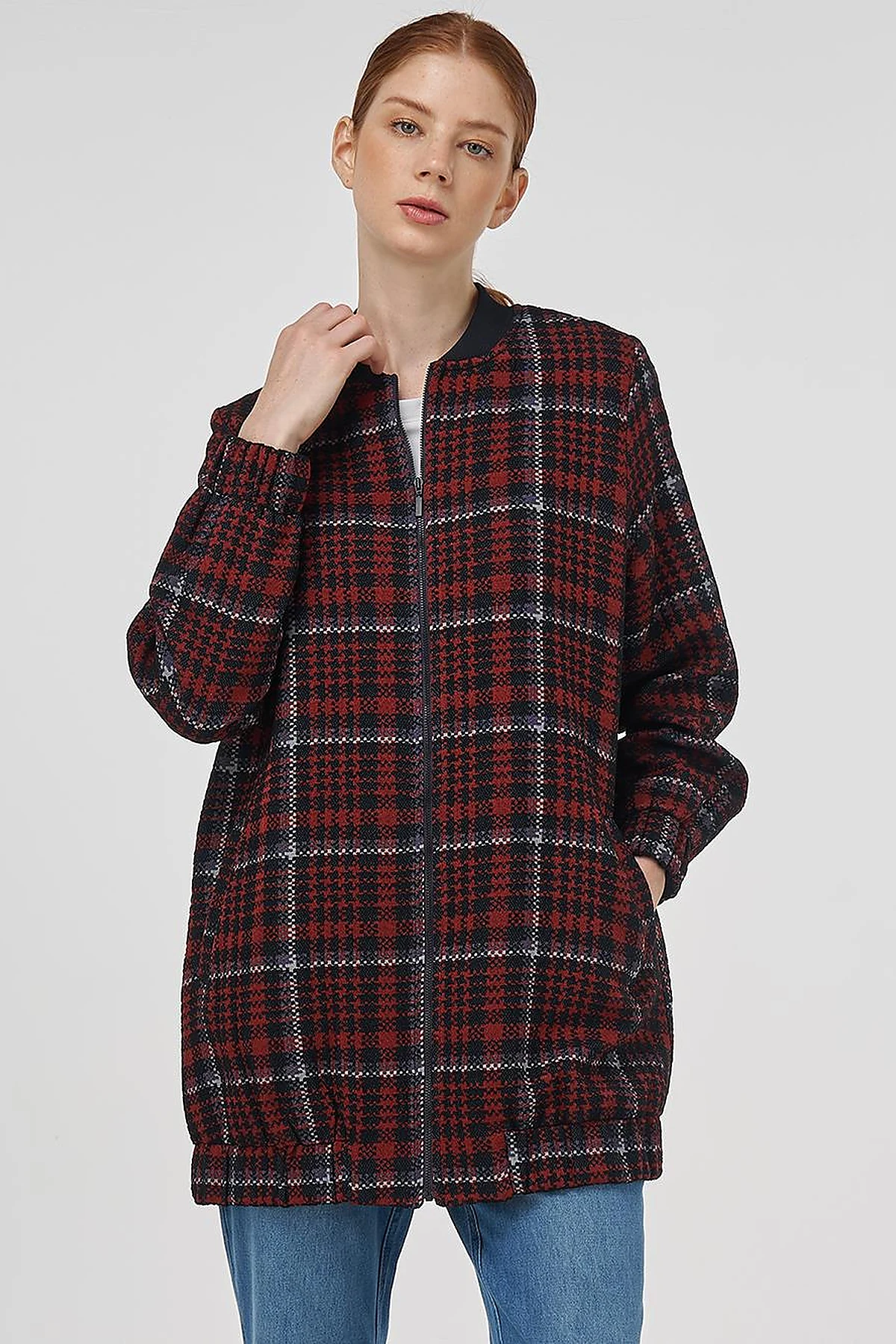Plaid Patterned Basic Jacket - Dark Navy