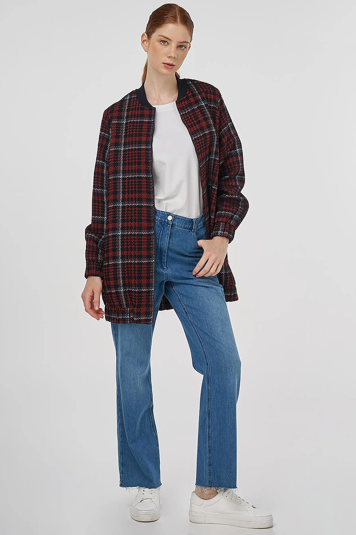 Plaid Patterned Basic Jacket - Dark Navy