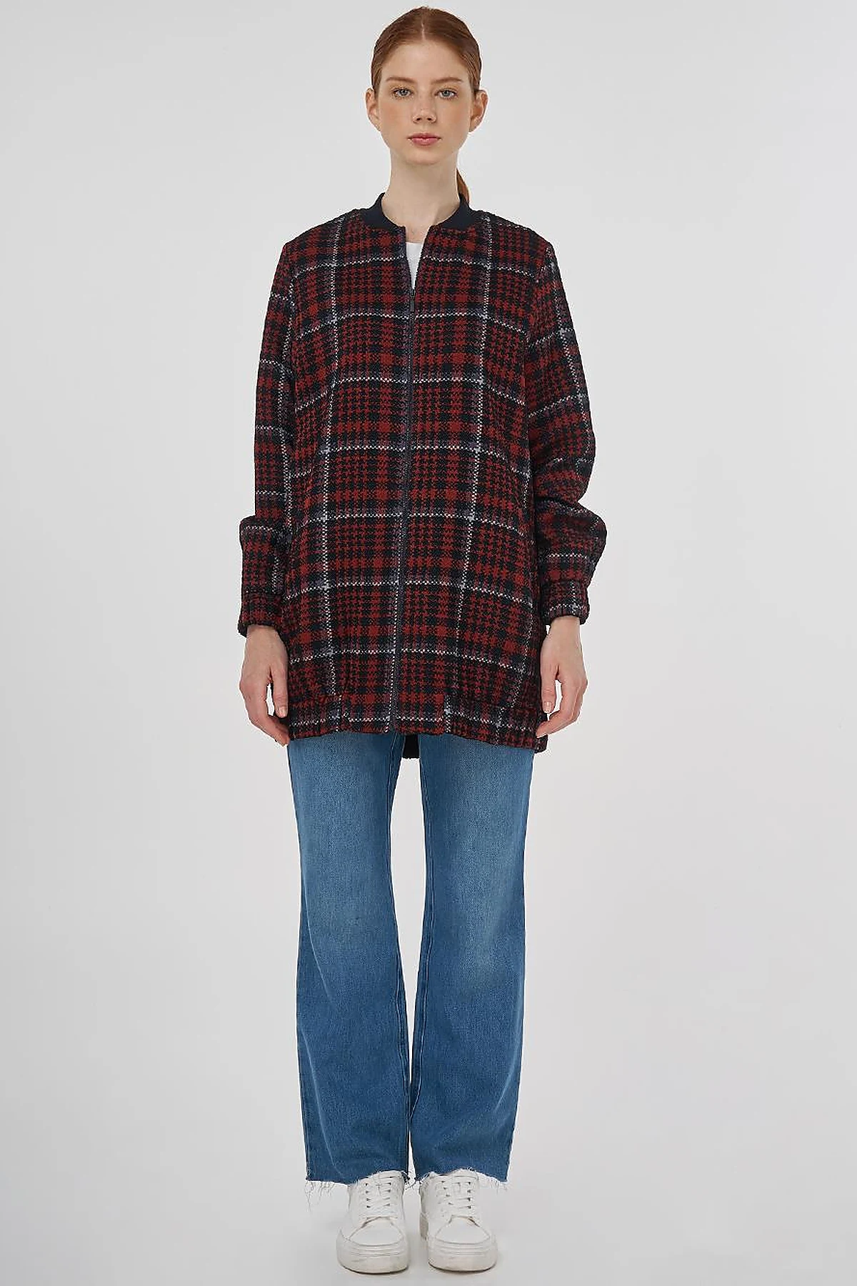 Plaid Patterned Basic Jacket - Dark Navy