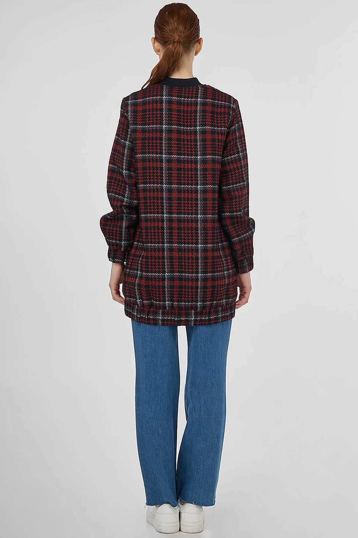 Plaid Patterned Basic Jacket - Dark Navy