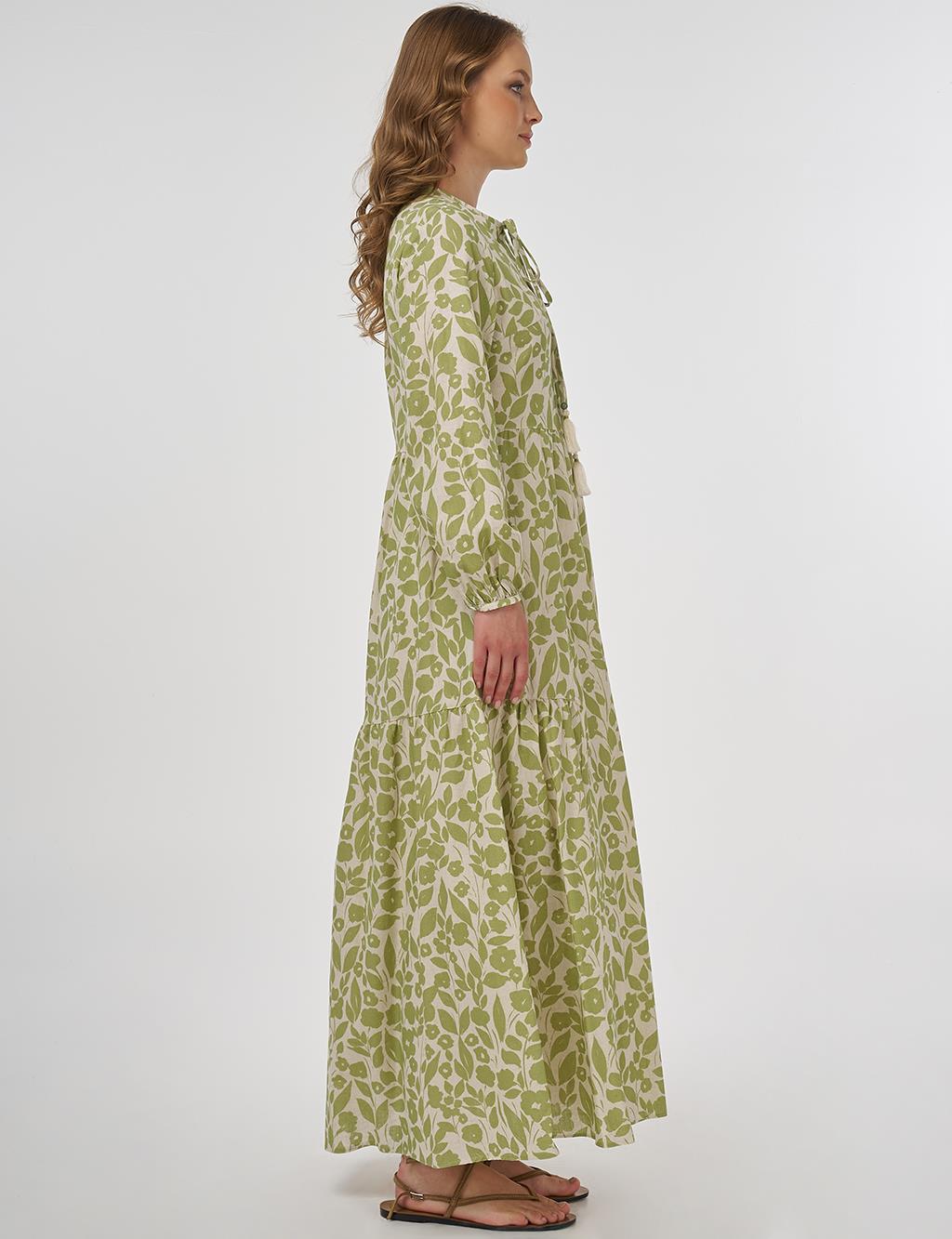 Floral Pattern Cotton-Linen Maxi Dress – Pistachio Green