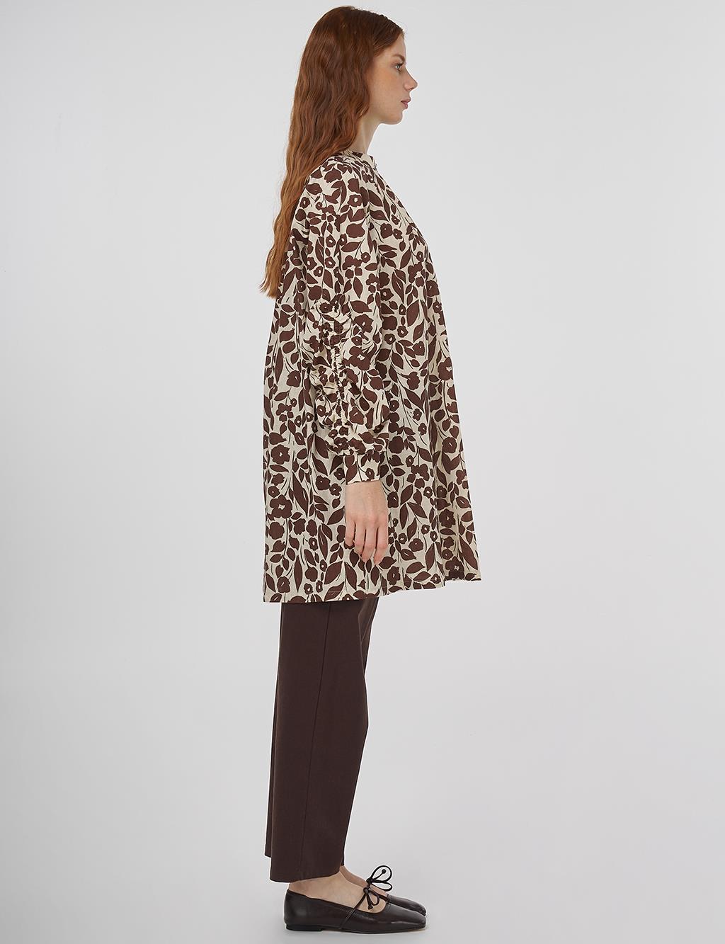 Floral Desen Pamuk Keten Tunik Koyu Kahve