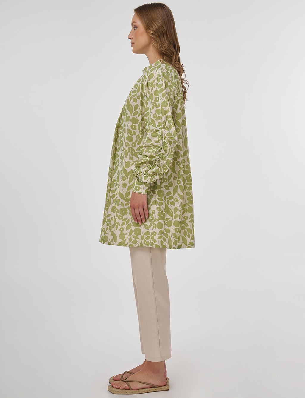Floral Pattern Cotton-Linen Tunic – Pistachio Green