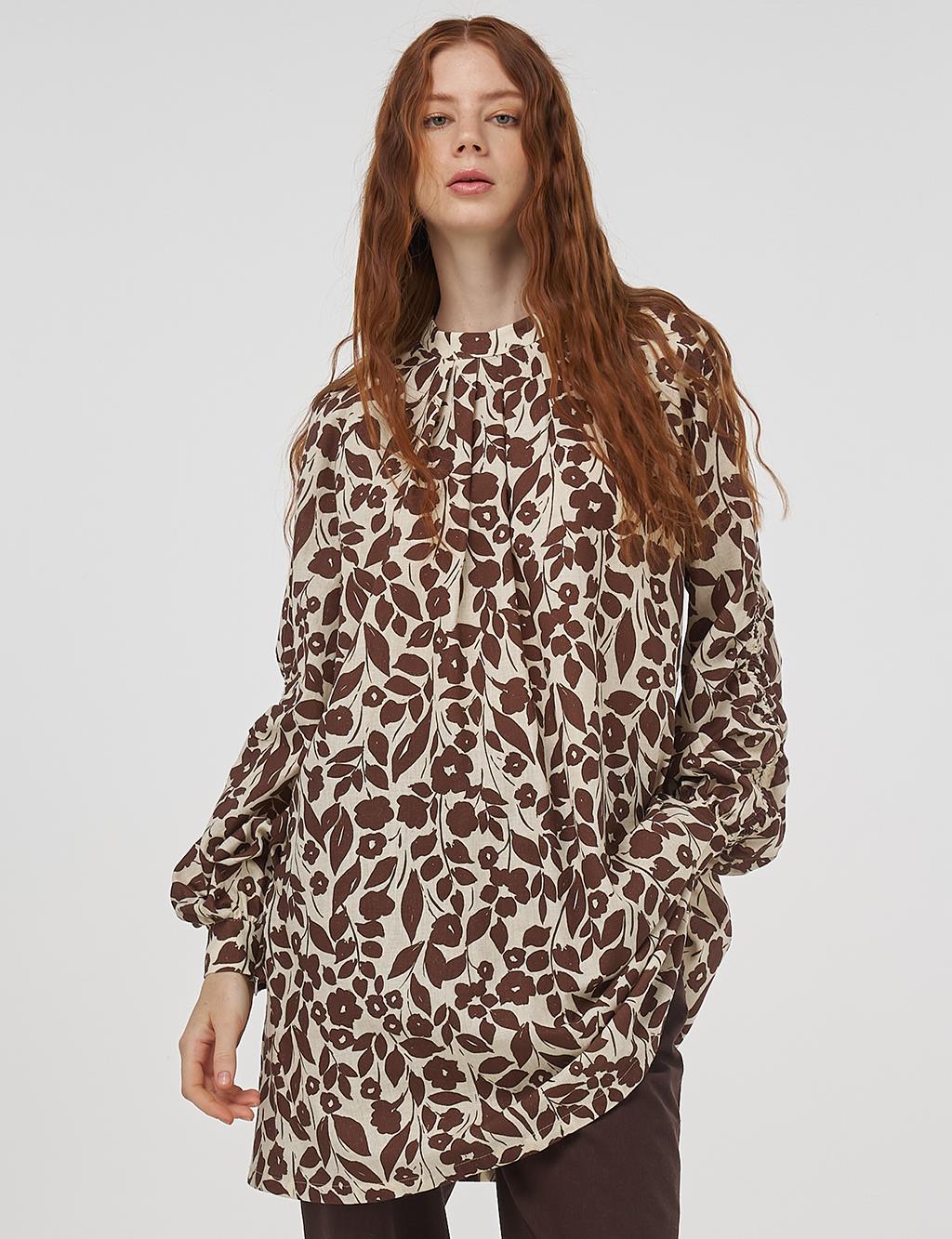 Floral Desen Pamuk Keten Tunik Koyu Kahve