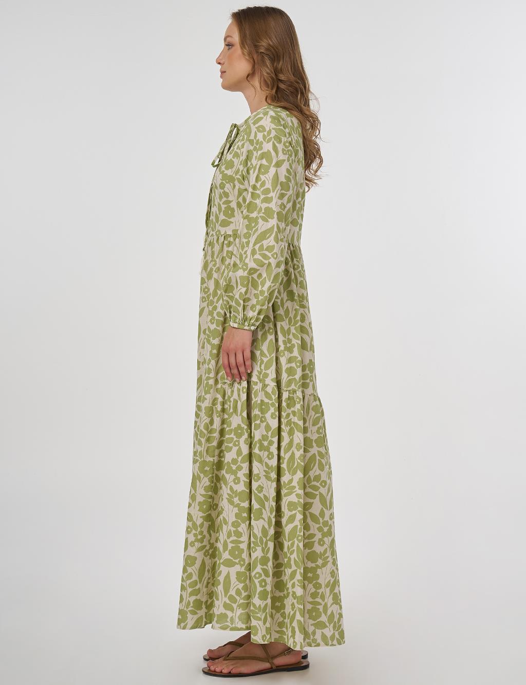 Floral Pattern Cotton-Linen Maxi Dress – Pistachio Green