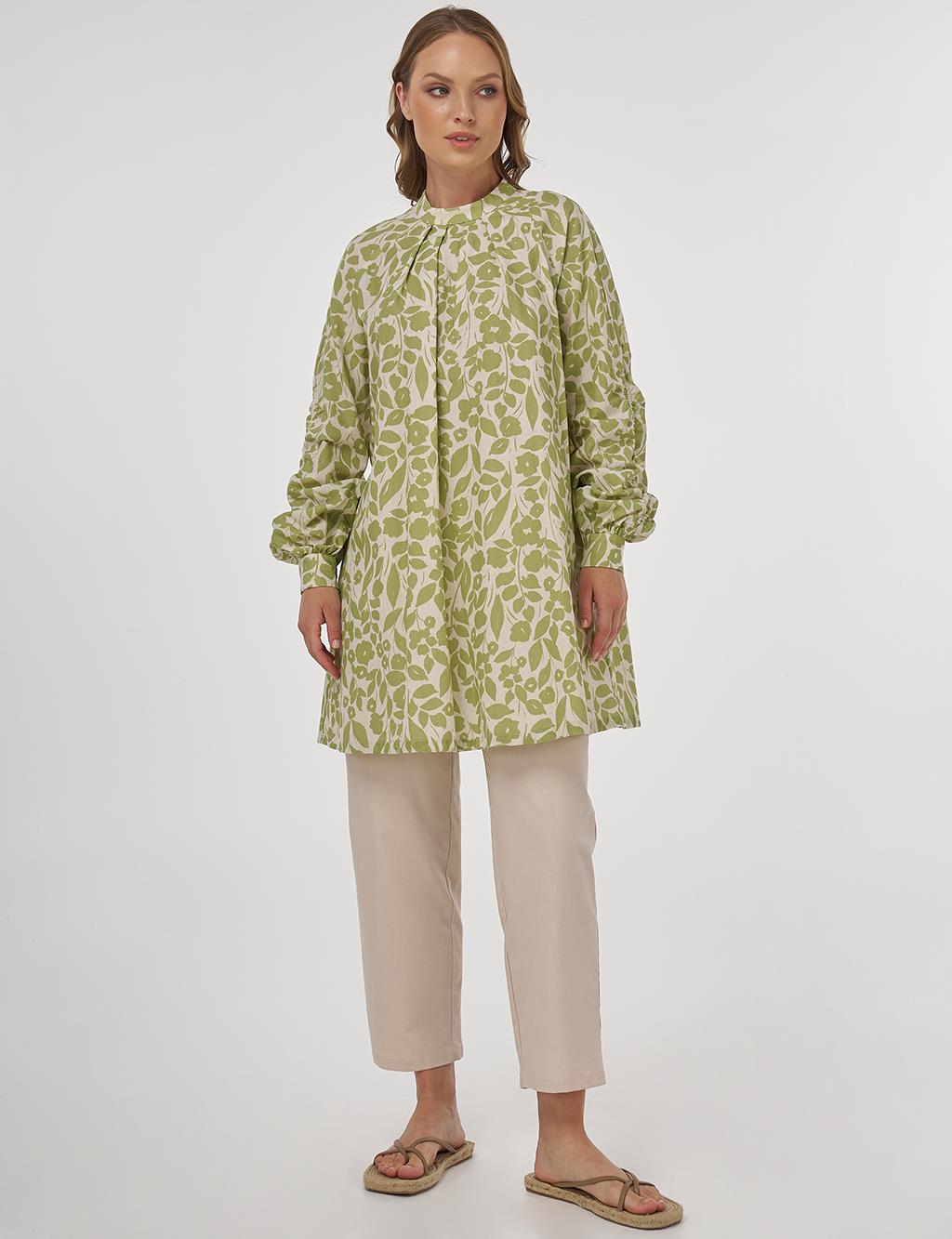 Floral Pattern Cotton-Linen Tunic – Pistachio Green