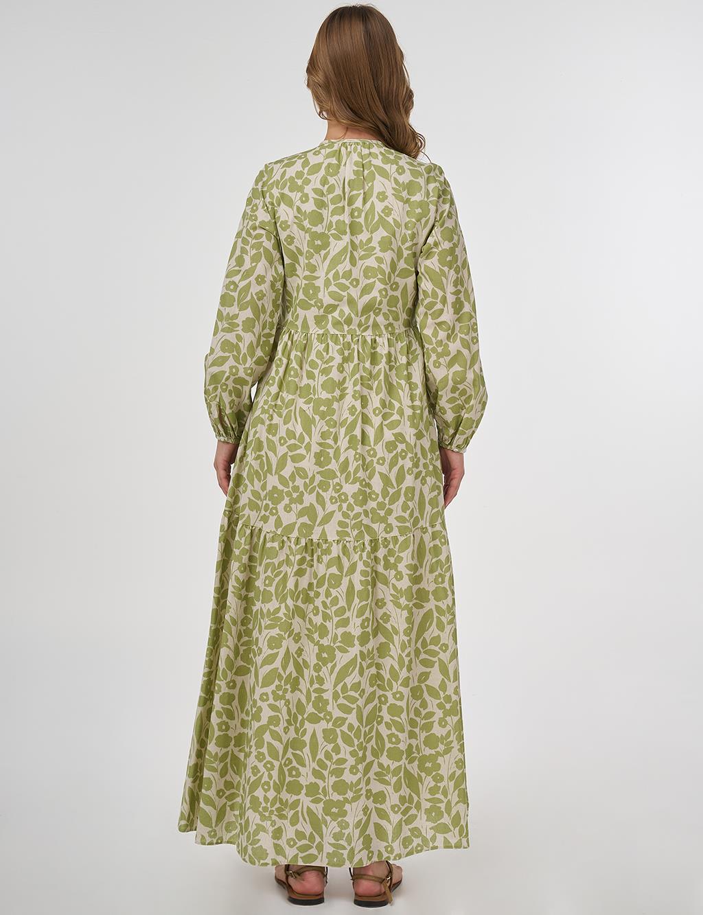 Floral Pattern Cotton-Linen Maxi Dress – Pistachio Green