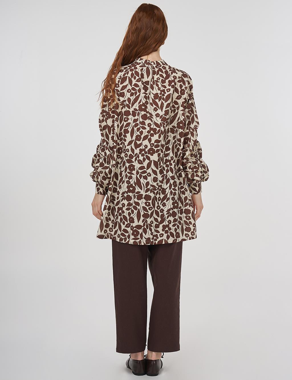Floral Desen Pamuk Keten Tunik Koyu Kahve