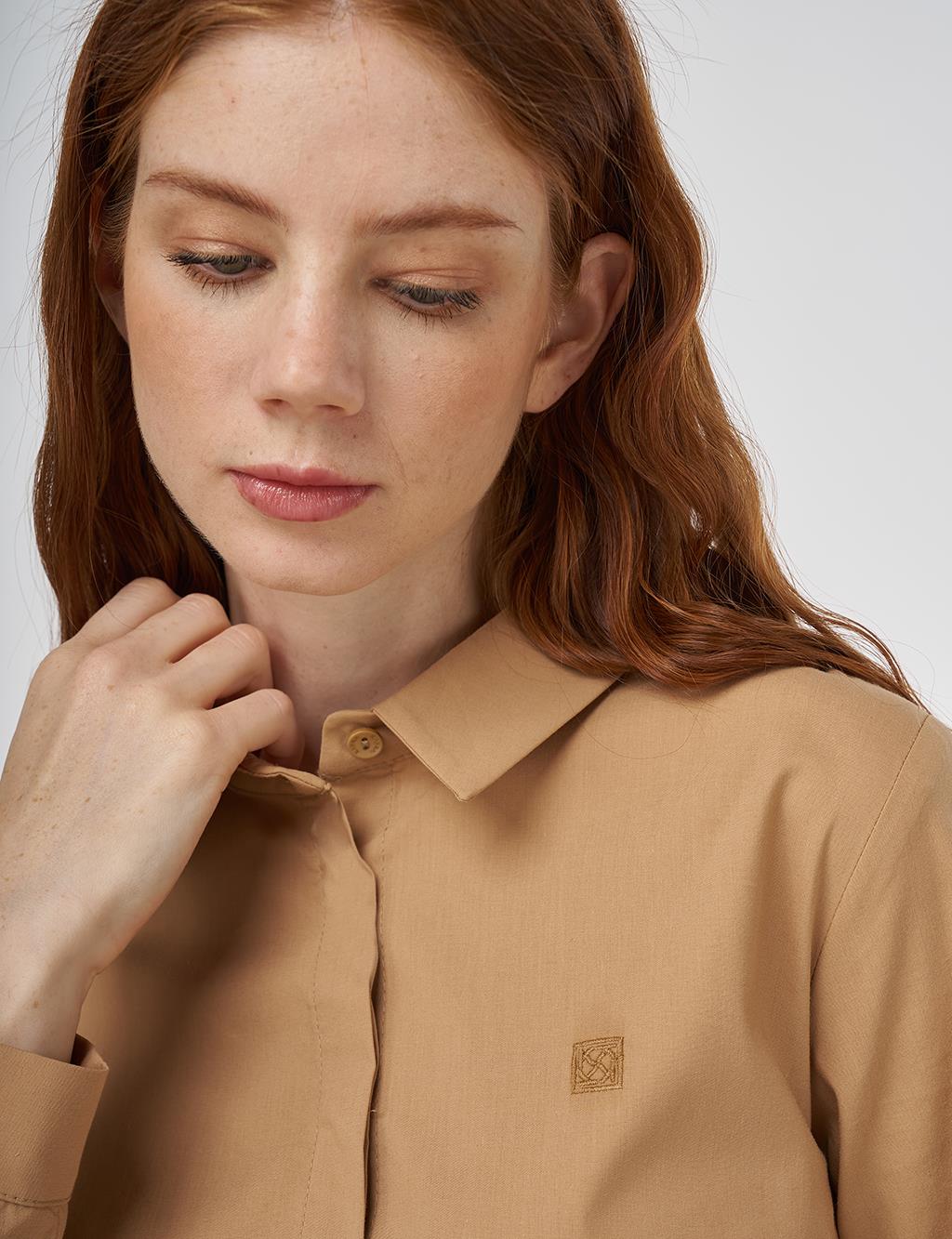 Shirt Collar Poplin Tunic Beige