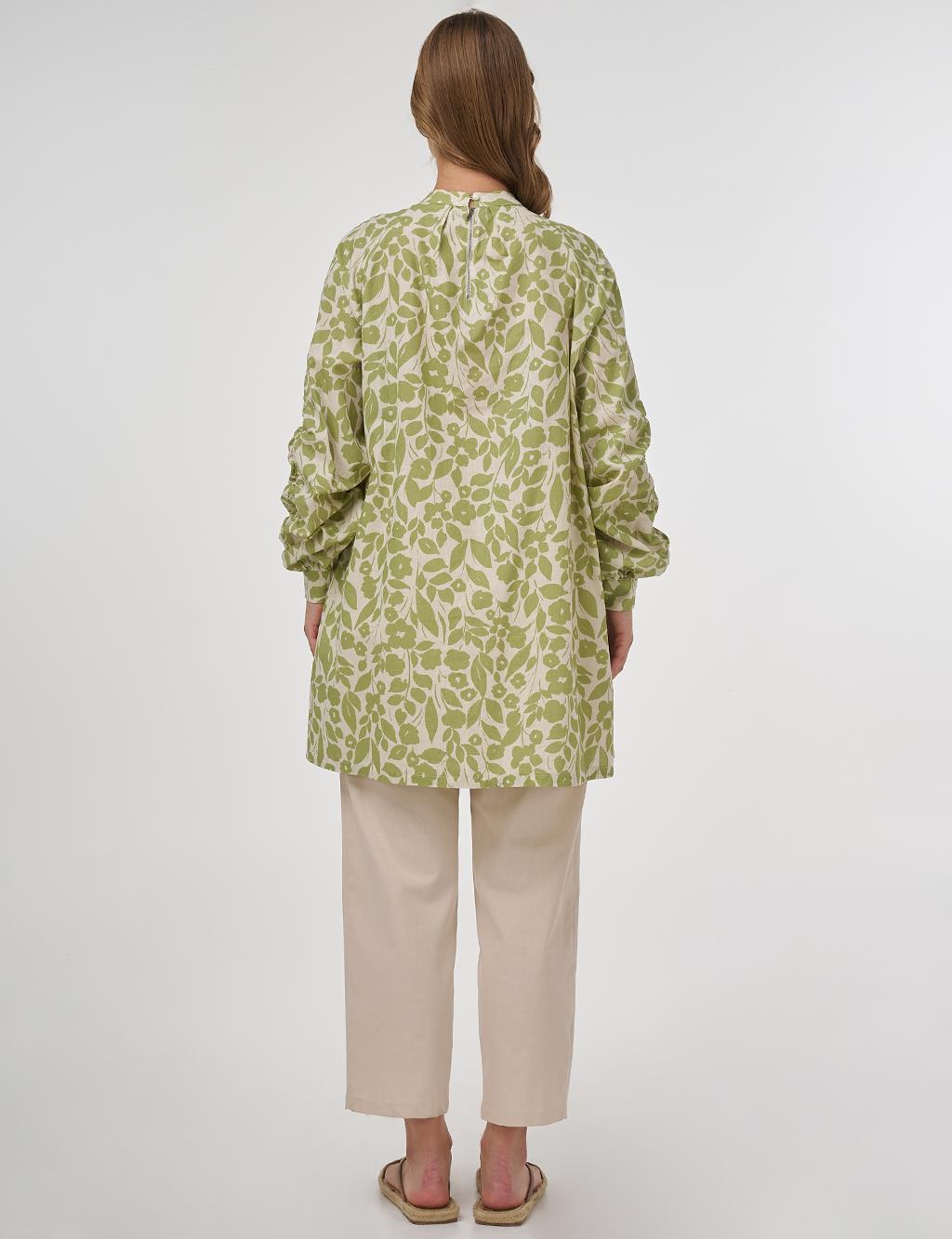 Floral Pattern Cotton-Linen Tunic – Pistachio Green