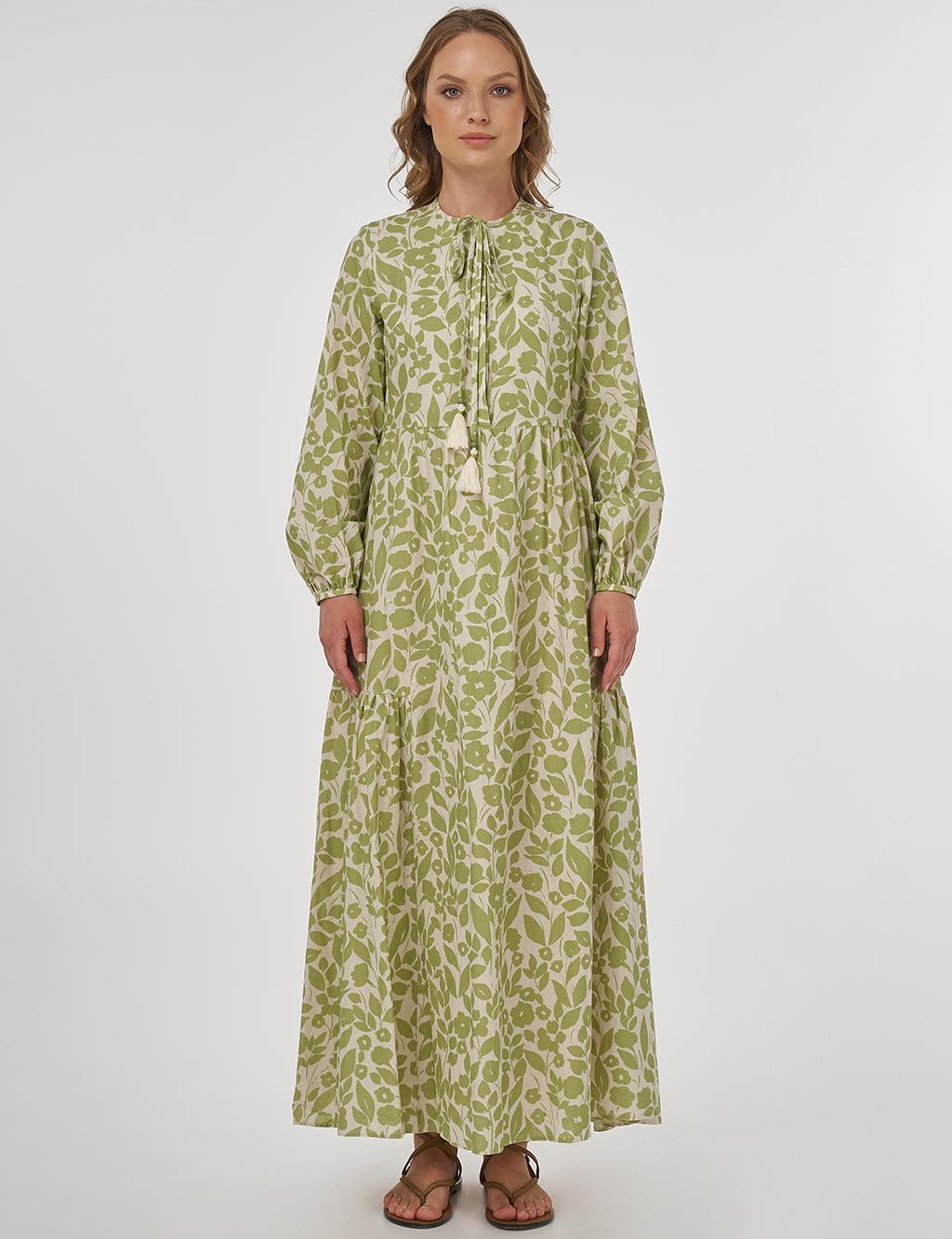 Floral Pattern Cotton-Linen Maxi Dress – Pistachio Green