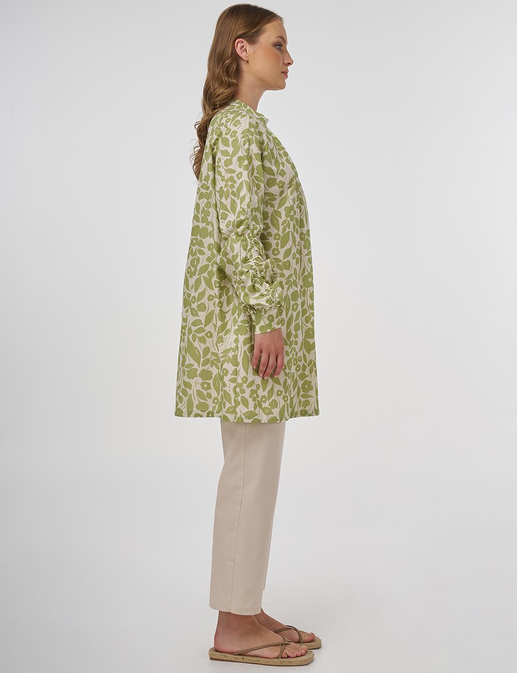 Floral Pattern Cotton-Linen Tunic – Pistachio Green