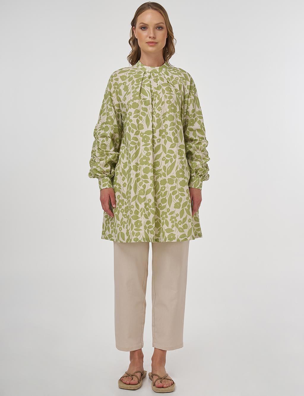 Floral Pattern Cotton-Linen Tunic – Pistachio Green