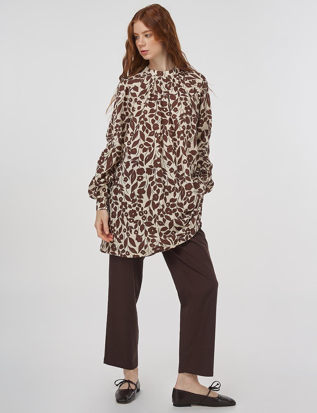 Floral Desen Pamuk Keten Tunik Koyu Kahve