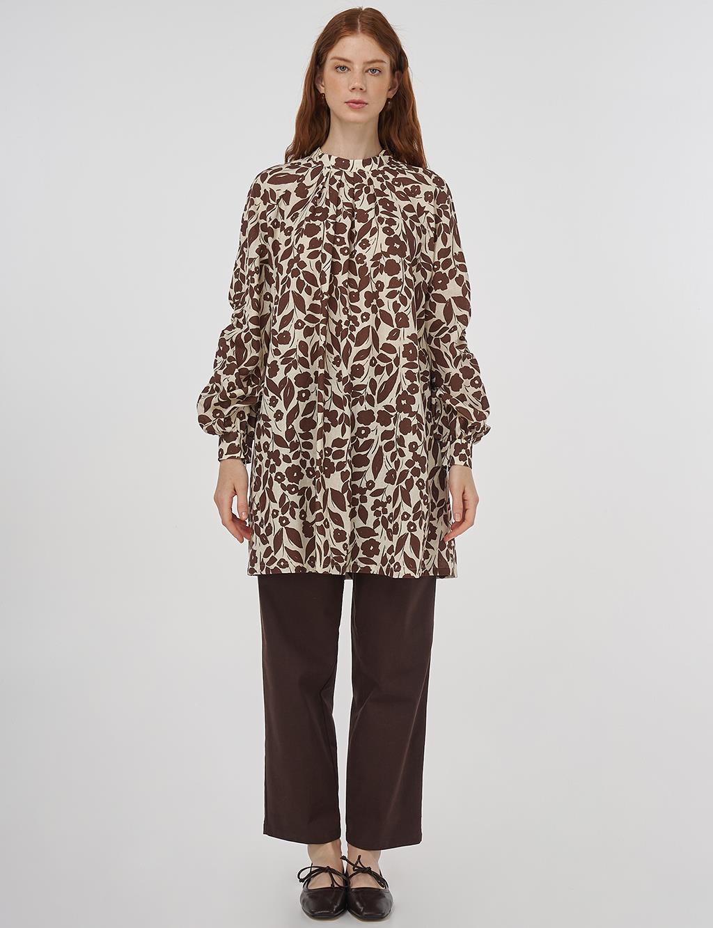 Floral Desen Pamuk Keten Tunik Koyu Kahve