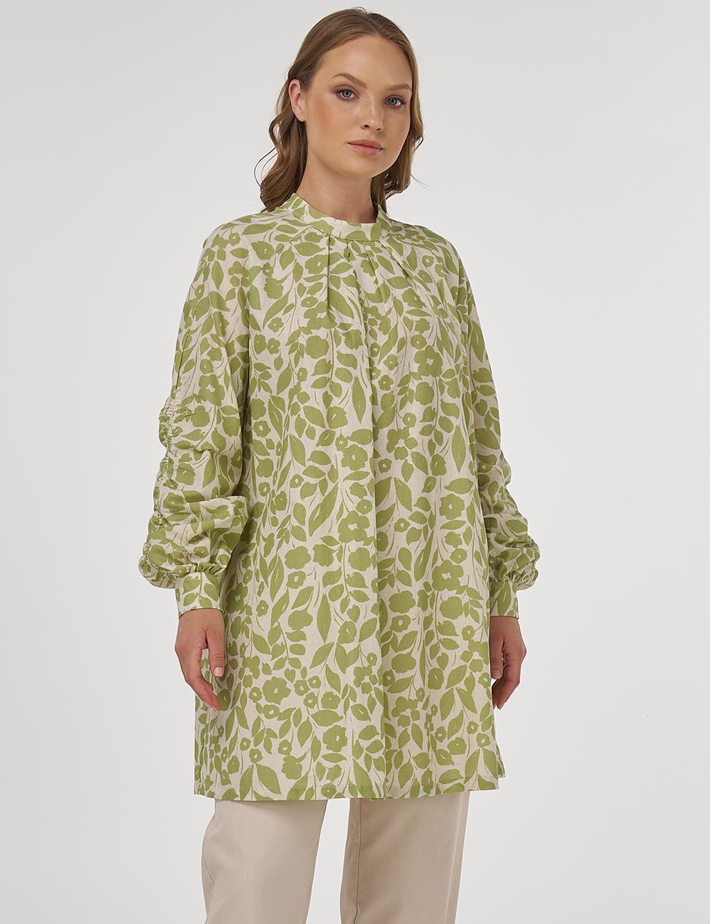 Floral Pattern Cotton-Linen Tunic – Pistachio Green