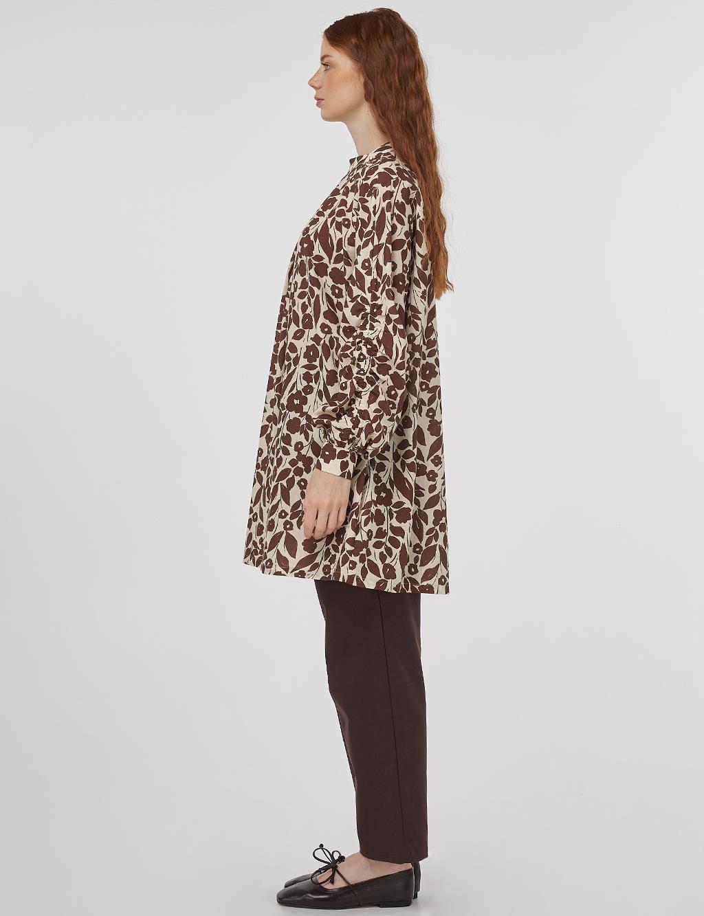 Floral Desen Pamuk Keten Tunik Koyu Kahve