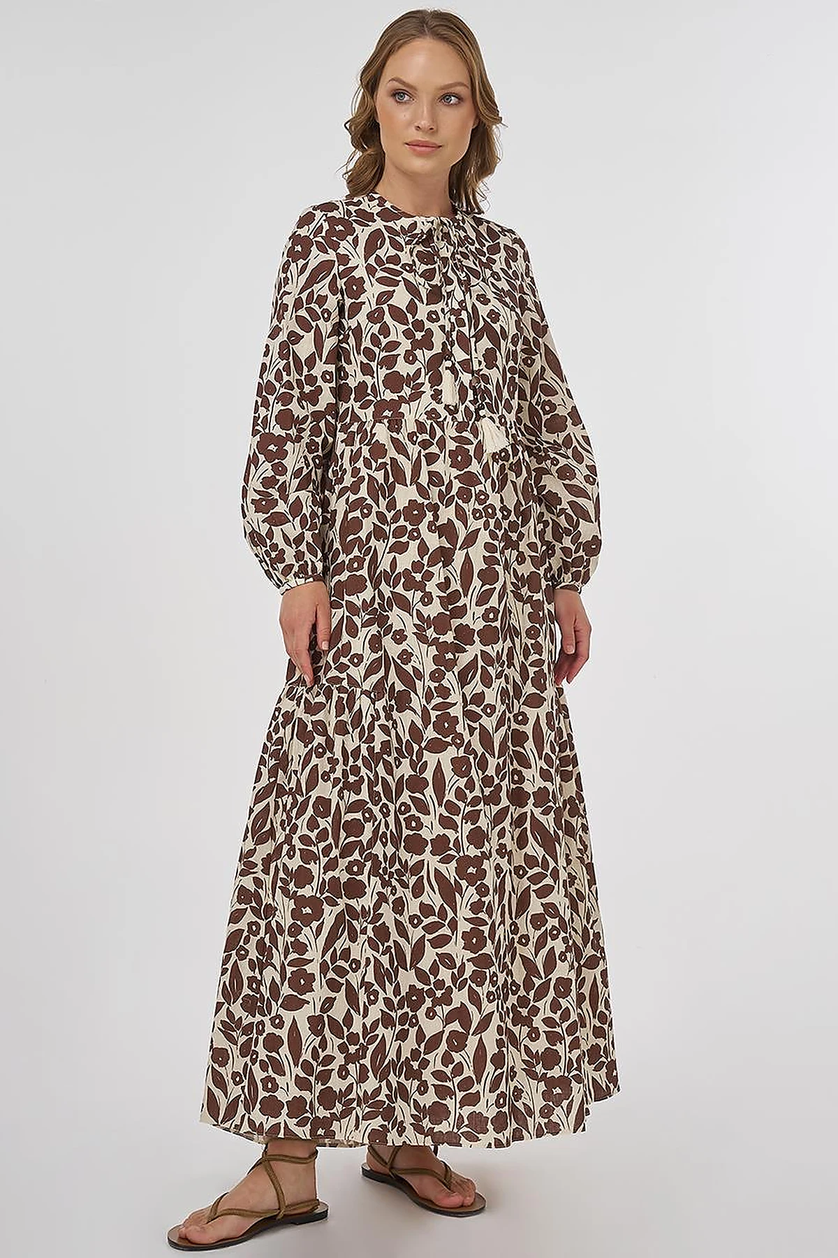 Floral Pattern Cotton-Linen Maxi Dress – Dark Brown