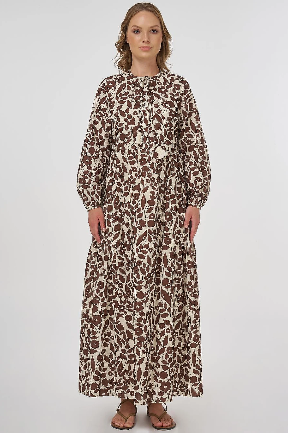 Floral Pattern Cotton-Linen Maxi Dress – Dark Brown