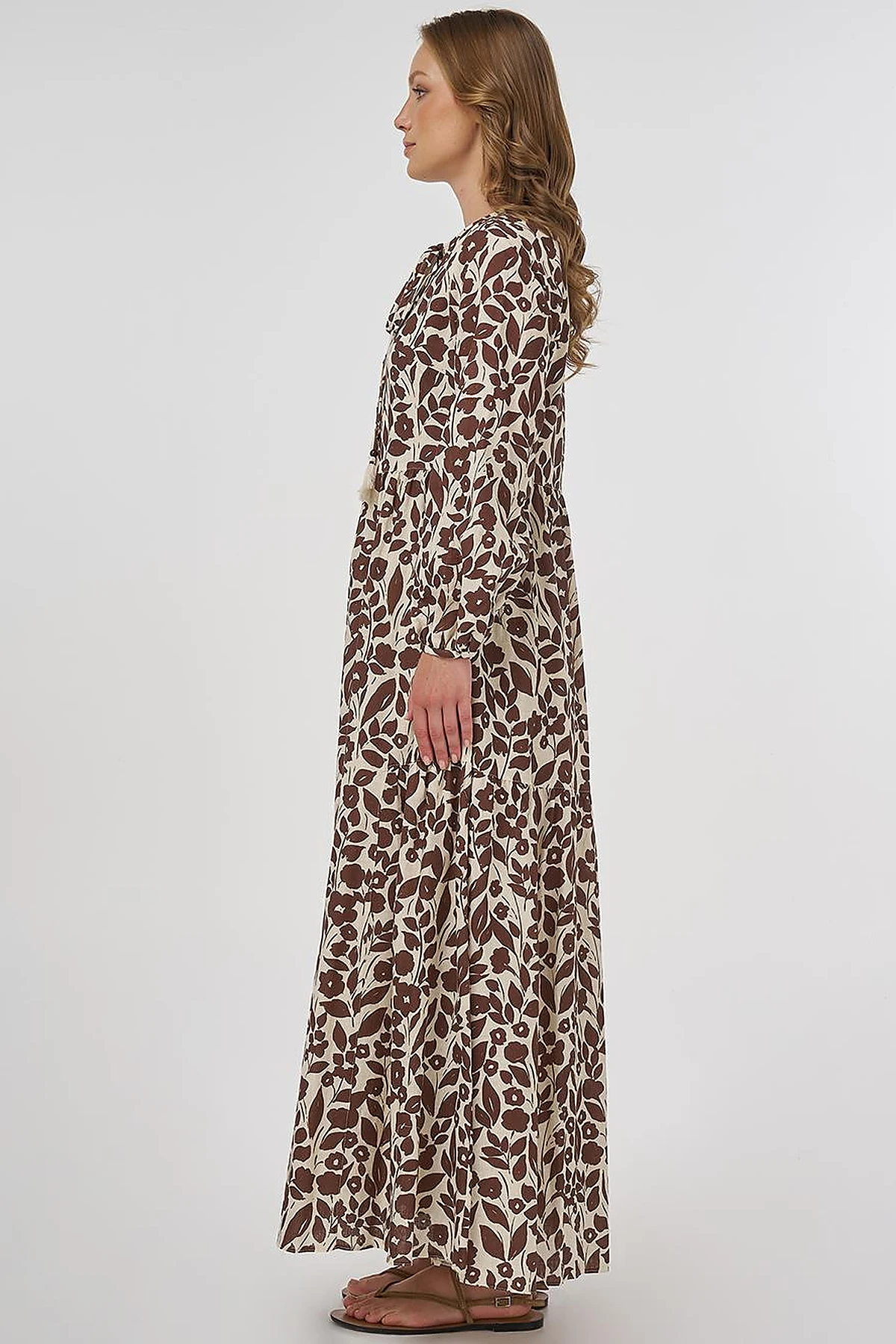 Floral Pattern Cotton-Linen Maxi Dress – Dark Brown
