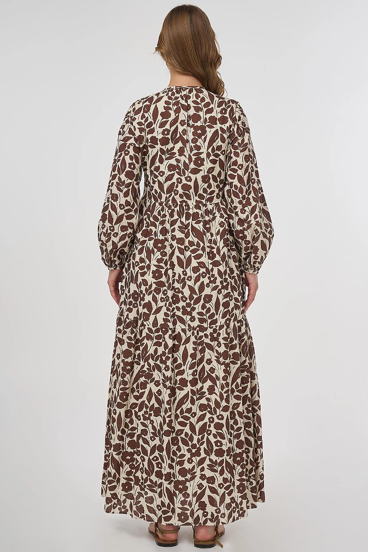 Floral Pattern Cotton-Linen Maxi Dress – Dark Brown
