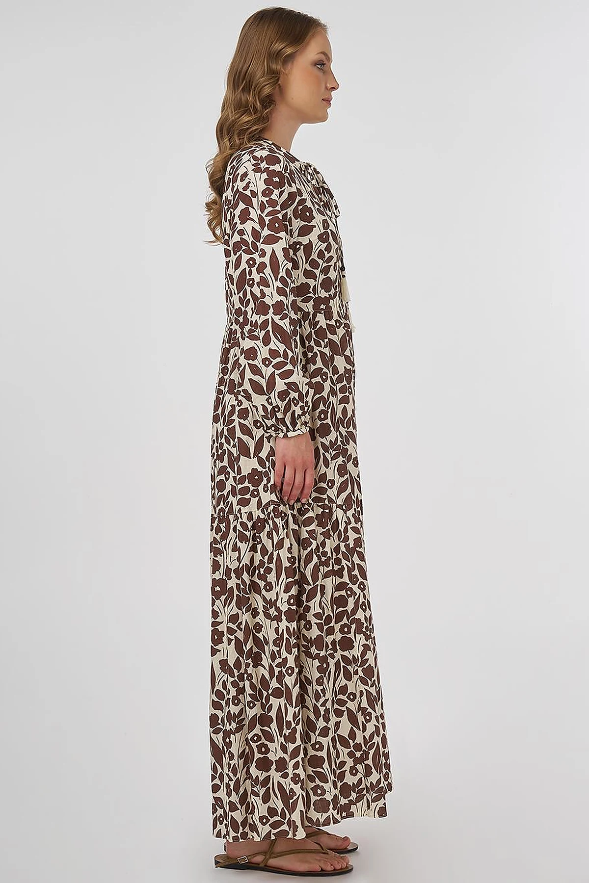 Floral Pattern Cotton-Linen Maxi Dress – Dark Brown