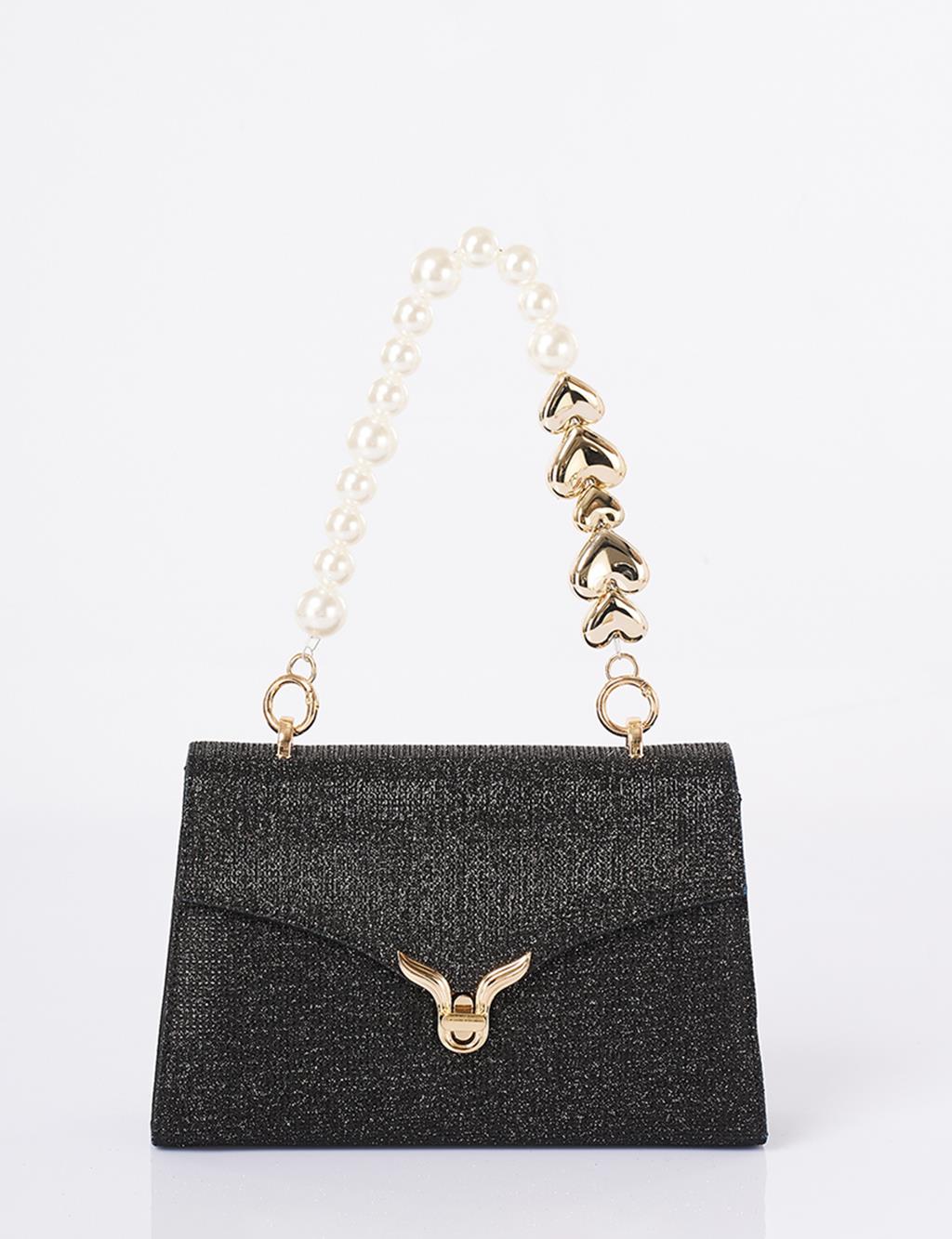 Clutch Bag with Pearl Handle - Black