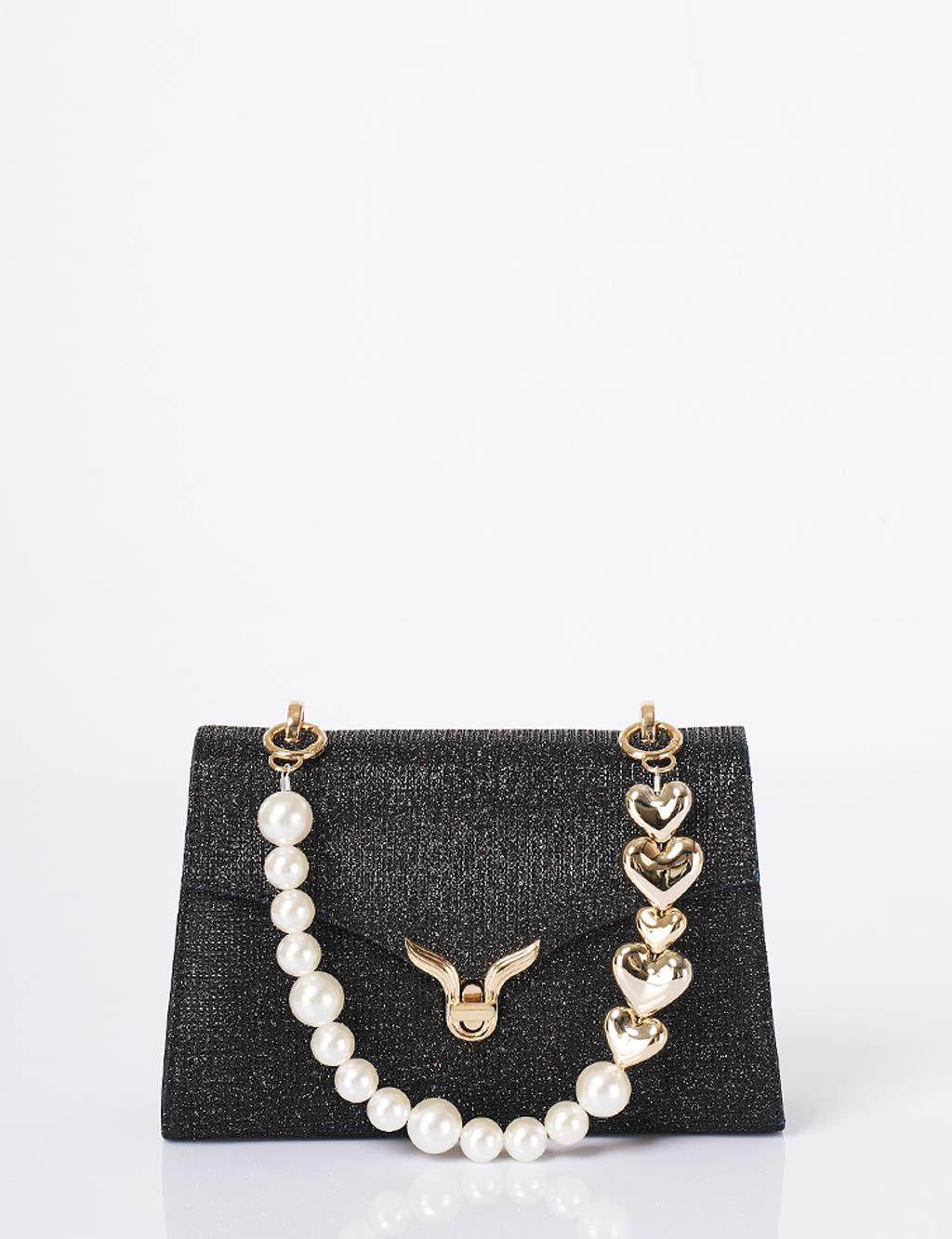 Clutch Bag with Pearl Handle - Black