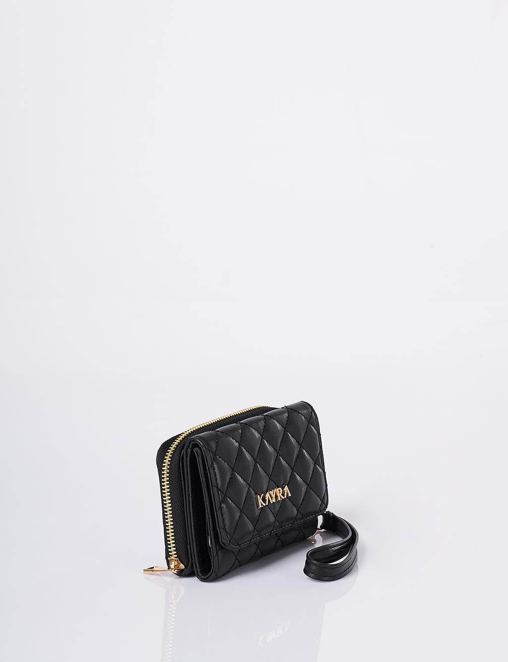 Quilted Zip-Around Wallet Black