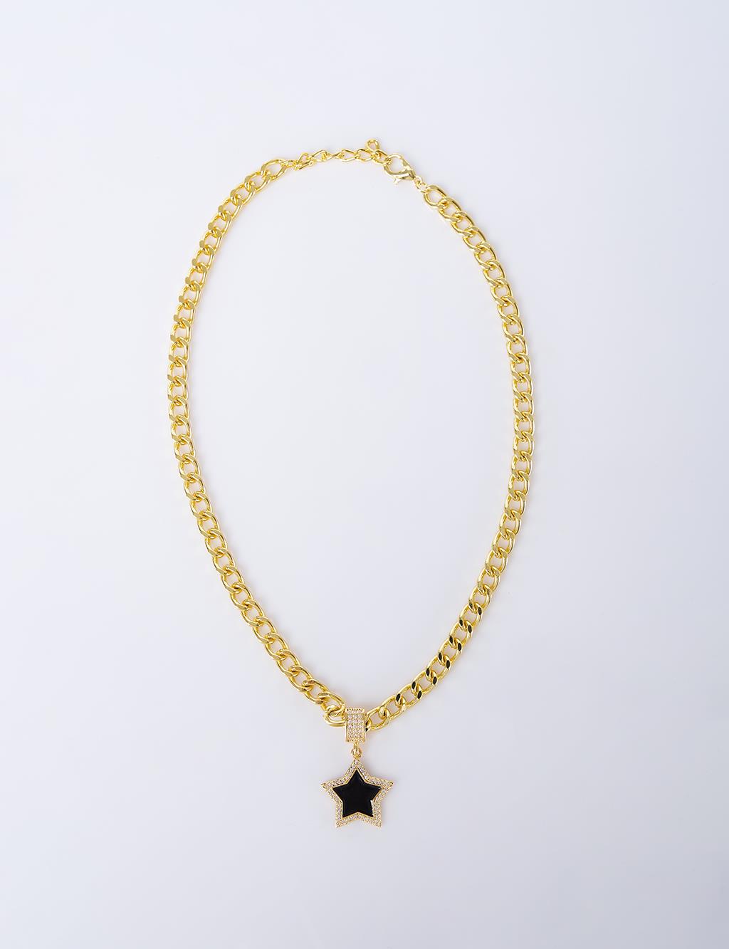 Star Figure Black Enamel Necklace Gold