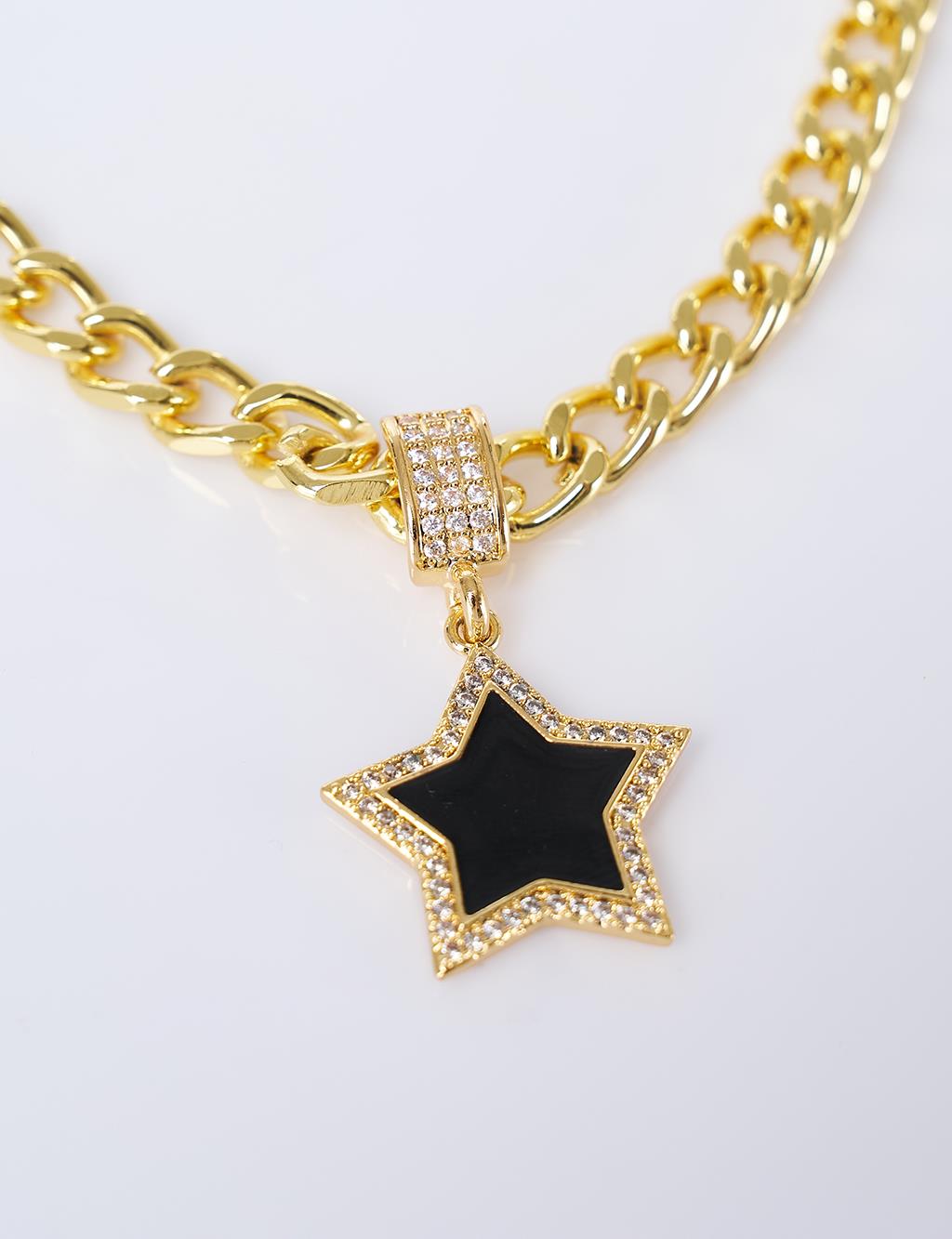 Star Figure Black Enamel Necklace Gold