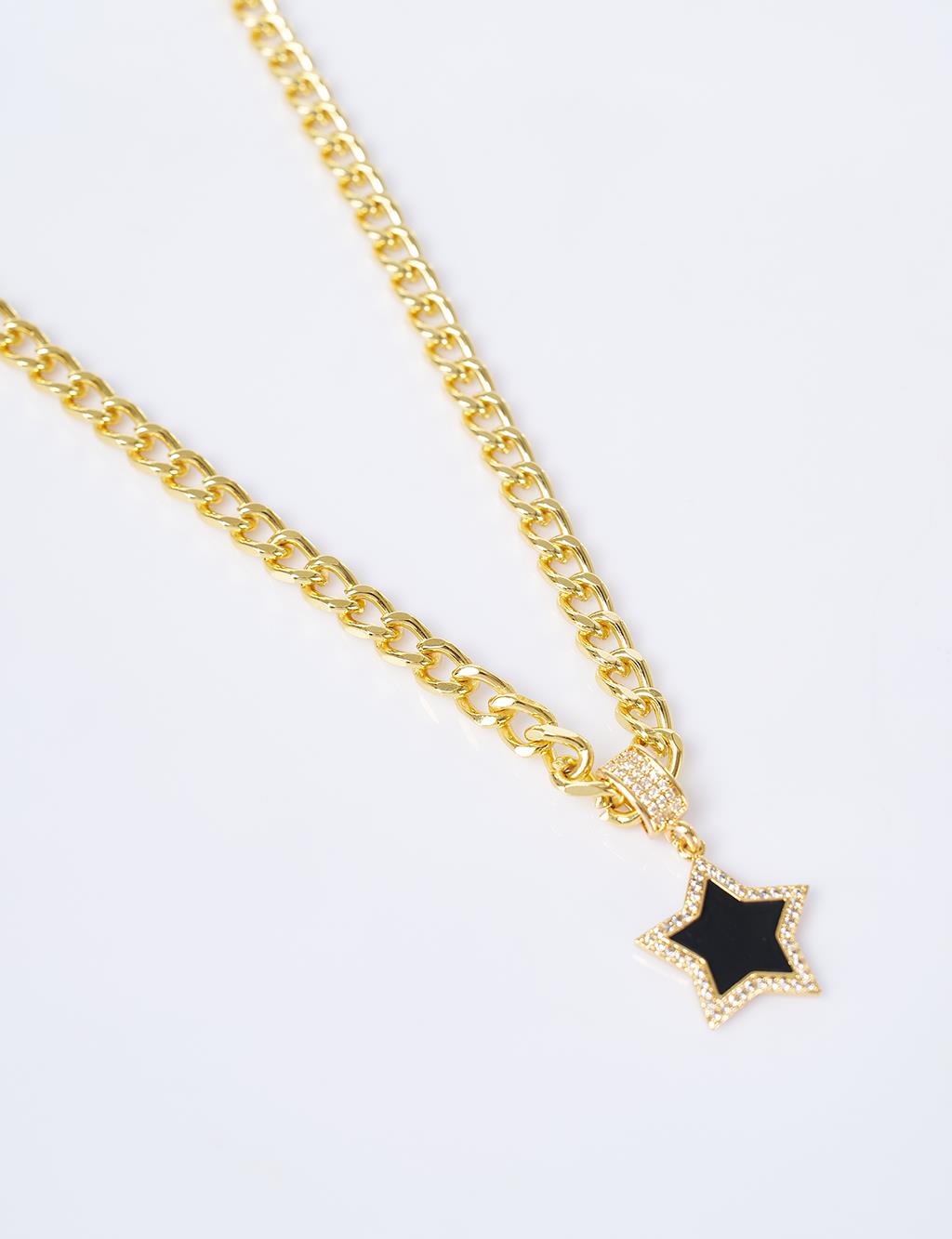 Star Figure Black Enamel Necklace Gold